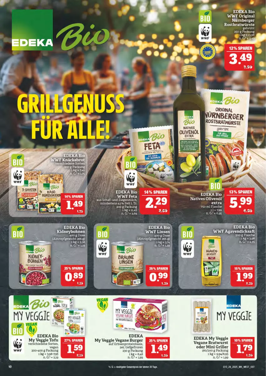 Aktueller Prospekt Marktkauf - Prospekt - von 06.07 bis 12.07.2025 - strona 10 - produkty: agaven, Berger, bio, bohne, bohnen, bratwurst, braun, burger, deka, dicksaft, edeka bio, eis, erbsen, flasche, gin, grill, kidney, linsen, milch, natives olivenöl, nürnberger, olive, oliven, olivenöl, olivenöl extra, rama, reis, saft, Ti, Tofu, veggie, wurst, ZTE
