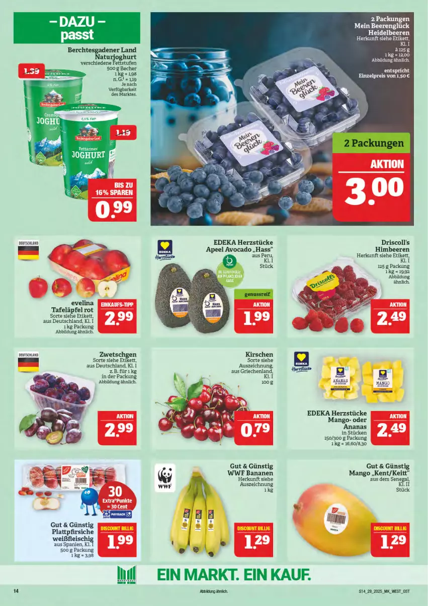 Aktueller Prospekt Marktkauf - Prospekt - von 06.07 bis 12.07.2025 - strona 14 - produkty: ananas, avocado, banane, bananen, Becher, beere, beeren, deka, driscoll's, eis, himbeer, himbeere, himbeeren, joghur, joghurt, kirsch, kirsche, kirschen, mango, natur, naturjoghurt, pfirsich, pfirsiche, plattpfirsiche, reis, tafeläpfel, Ti, Wild
