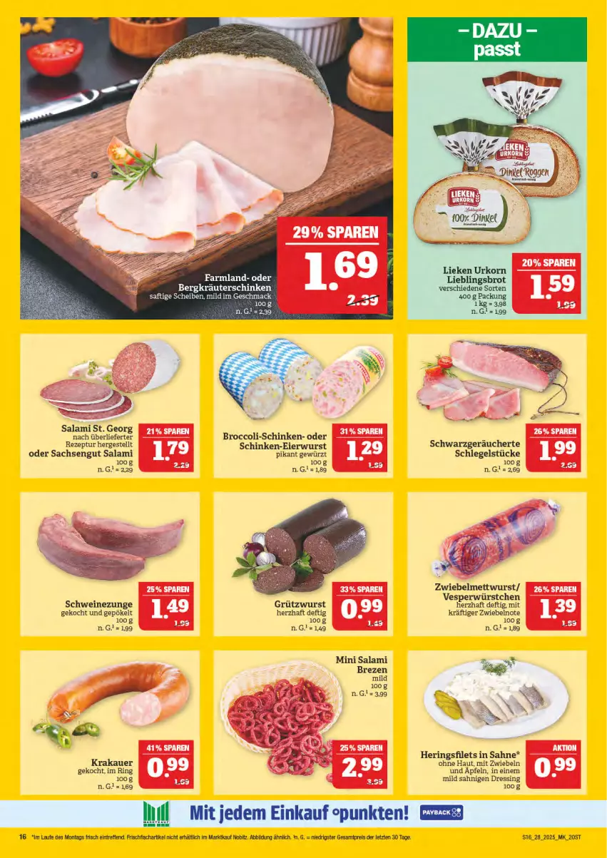 Aktueller Prospekt Marktkauf - Prospekt - von 06.07 bis 12.07.2025 - strona 16 - produkty: auer, broccoli, brot, dressing, eier, eis, filet, filets, fisch, frischfisch, gewürz, hering, Herings, heringsfilets, korn, krakauer, kräuter, lieken, mac, Mett, mettwurst, mit zwiebeln, reis, rezept, ring, sac, saft, sahne, salami, schinken, schwein, schweine, Schweinezunge, Ti, urkorn, wein, weine, wurst, würstchen, ZTE, zwiebel, zwiebelmettwurst, zwiebeln