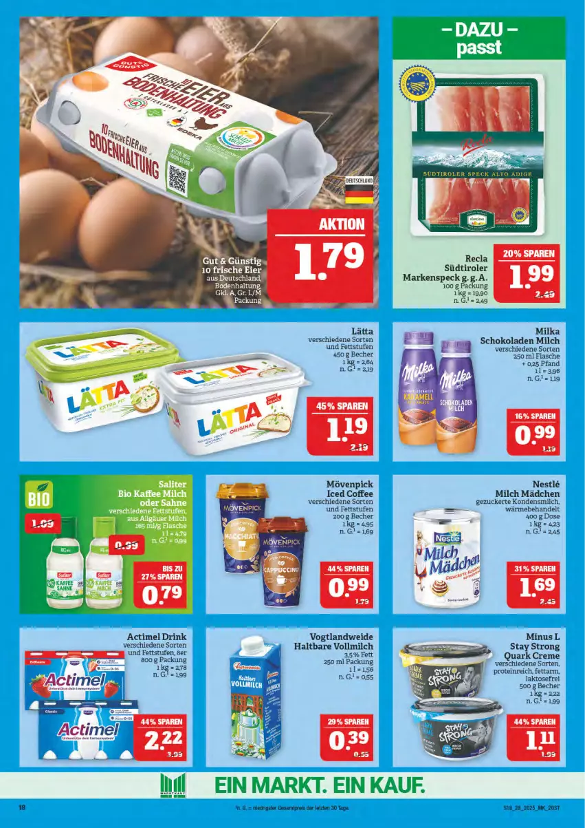 Aktueller Prospekt Marktkauf - Prospekt - von 06.07 bis 12.07.2025 - strona 18 - produkty: actimel, actimel drink, Becher, creme, drink, eis, flasche, kondensmilch, lätta, milch, milka, mövenpick, quark, reis, schoko, schokolade, schokoladen, Speck, südtiroler, Ti, vollmilch, ZTE, zucker