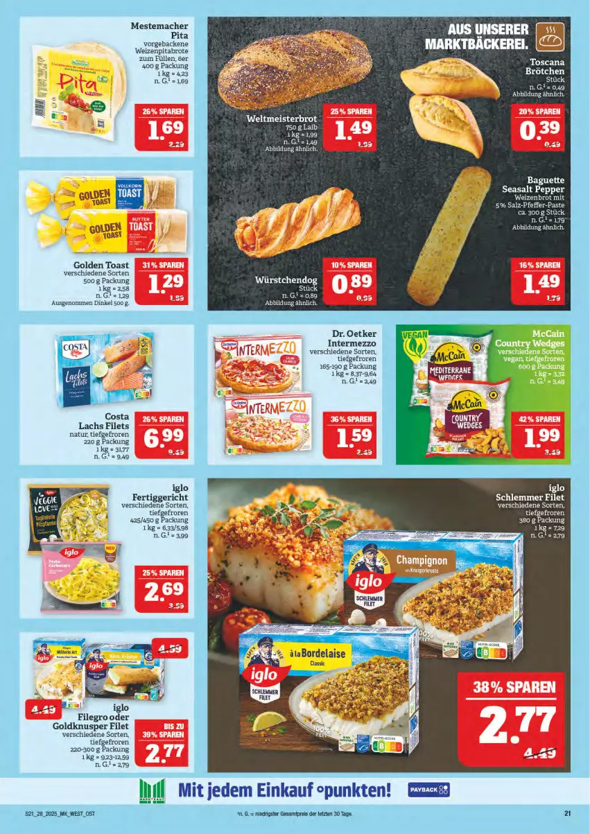 Aktueller Prospekt Marktkauf - Prospekt - von 06.07 bis 12.07.2025 - strona 21 - produkty: brot, Dr. Oetker, eis, fertiggericht, filegro, filet, filets, geback, golden toast, iglo, intermezzo, lachs, mac, Meister, mestemacher, natur, reis, tee, Ti, toast, weltmeisterbrot, würstchen, ZTE