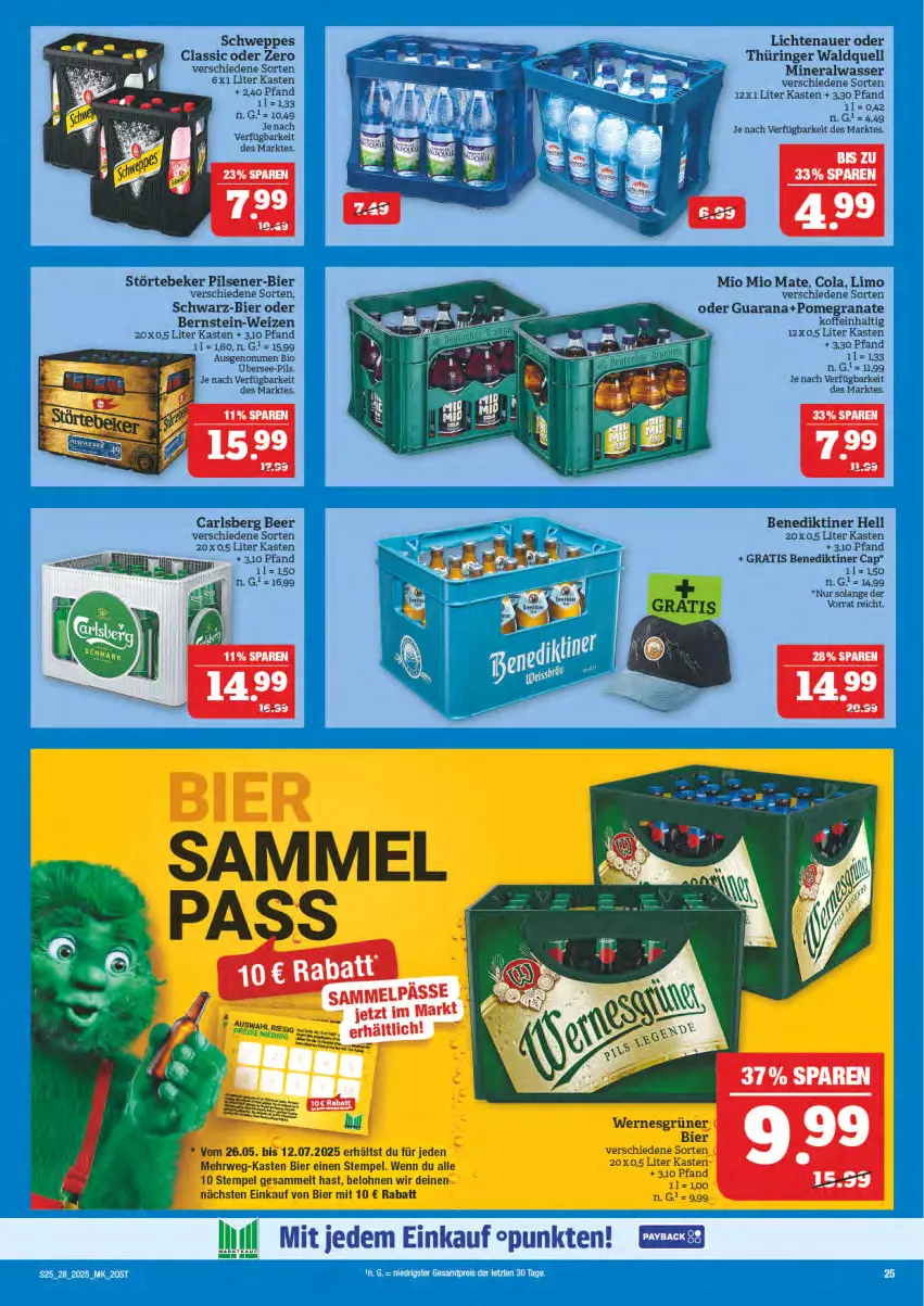 Aktueller Prospekt Marktkauf - Prospekt - von 06.07 bis 12.07.2025 - strona 25 - produkty: Alwa, auer, Benediktiner, bier, bio, Cap, carlsberg, carlsberg beer, cola, grana, lichtenauer, limo, mineralwasser, Mio Mio, pils, pilsener, Rana, ring, schweppes, störtebeker, Ti, wasser