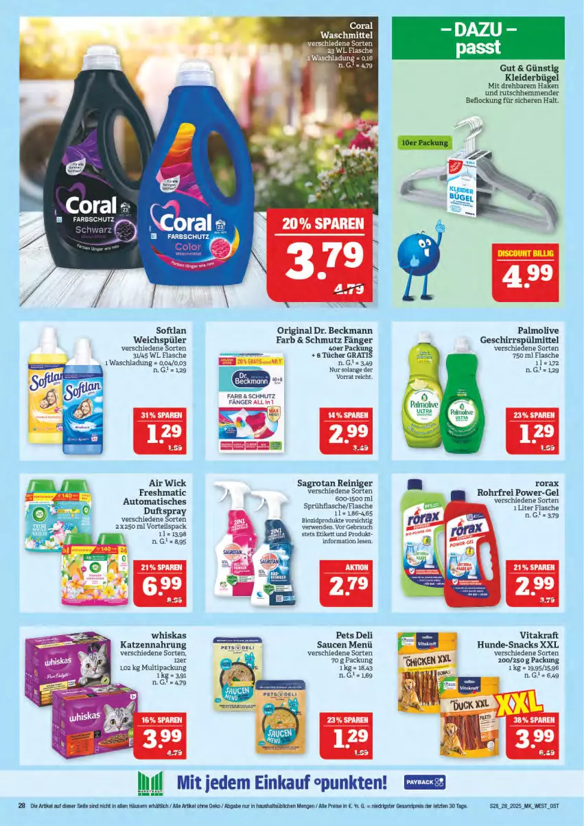 Aktueller Prospekt Marktkauf - Prospekt - von 06.07 bis 12.07.2025 - strona 28 - produkty: Air Wick, auto, bio, biozidprodukte, bügel, Coral, Dr. Beckmann, Duftspray, eis, flasche, geschirr, geschirrspülmittel, gin, katzennahrung, kleid, kleider, kleiderbügel, kraft, olive, palmolive, power-gel, Rauch, reiniger, reis, rorax, rwe, sagrotan, sauce, saucen, snack, snacks, Softlan, sprühflasche, spülmittel, Ti, tisch, tücher, vita, vitakraft, waschmittel, weichspüler, whiskas, WICK, ZTE