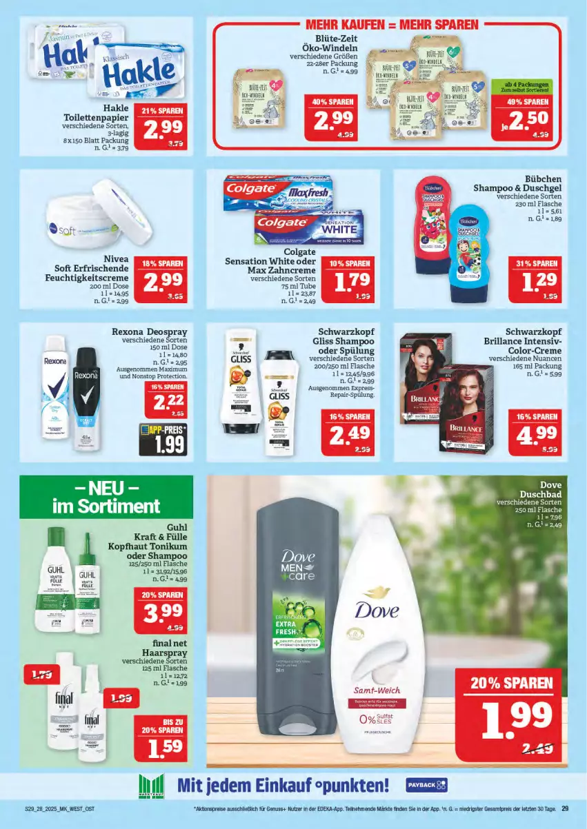 Aktueller Prospekt Marktkauf - Prospekt - von 06.07 bis 12.07.2025 - strona 29 - produkty: aktionspreis, Bad, Blüte, brillance, bübchen, colgate, creme, deka, deo, deospray, dove, duschbad, duschgel, eis, ente, feuchtigkeitscreme, flasche, gliss, Guhl, haarspray, hakle, hakle toilettenpapier, kraft, LG, Nuance, nuss, papier, reis, rexona, schwarzkop, schwarzkopf, shampoo, spülung, Ti, toilettenpapier, windeln, zahncreme, ZTE