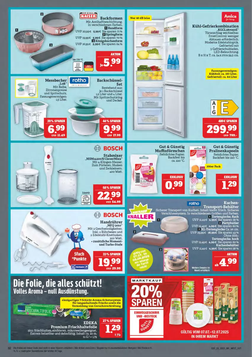 Aktueller Prospekt Marktkauf - Prospekt - von 06.07 bis 12.07.2025 - strona 32 - produkty: Backform, Becher, Behälter, beleuchtung, bett, Brei, decke, Deckel, deka, edelstahl, eis, Elan, frischhaltefolie, gefrierkombination, gin, kuchen, kühl-gefrierkombination, led-beleuchtung, leine, Messbecher, messer, Mixer, Mode, Muffin, papier, pralinen, ring, schubladen, schüssel, shake, Spritzschutz, stabmixer, Ti, torte, türanschlag wechselbar, zitrone, zitronen