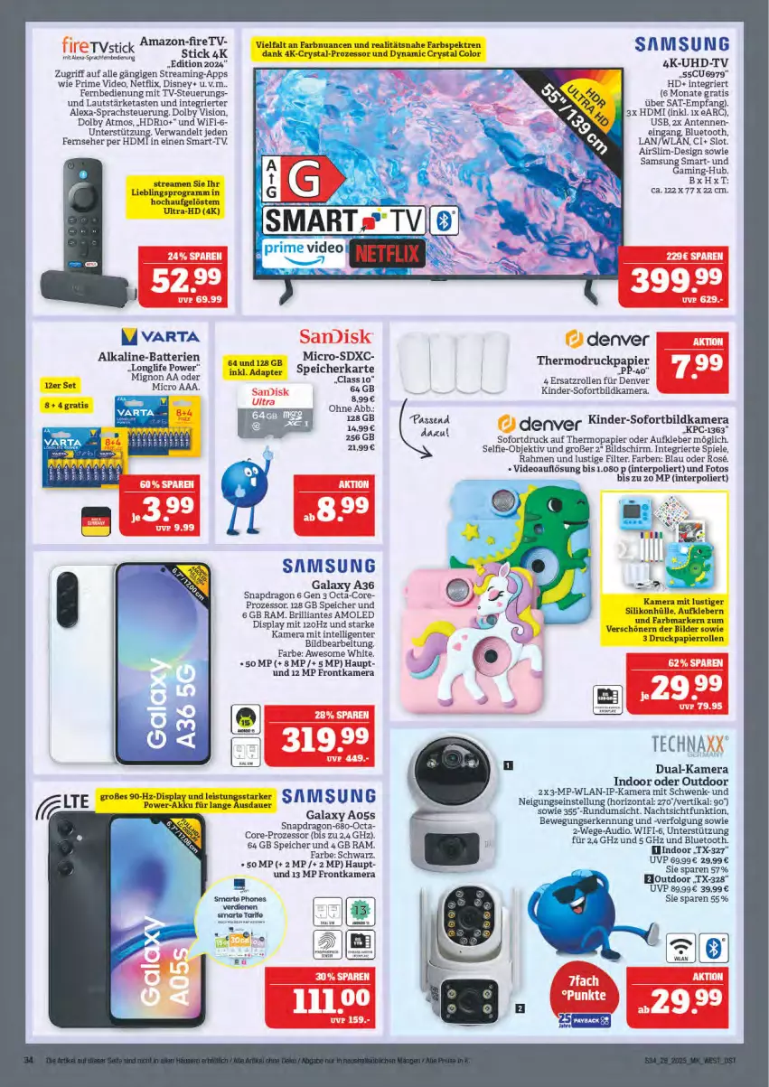Aktueller Prospekt Marktkauf - Prospekt - von 06.07 bis 12.07.2025 - strona 34 - produkty: adapter, akku, alexa, auer, Aufkleber, batterie, batterien, deo, disney, eis, ente, fernbedienung, fernseher, frontkamera, HDMI, Intel, kamera, Kinder, kleber, LG, Lusti, netflix, Nuance, papier, Samsung, samsung galaxy, Samsung Galaxy A, Spiele, technaxx, tee, Ti, uhd, UHD-TV, usb, varta
