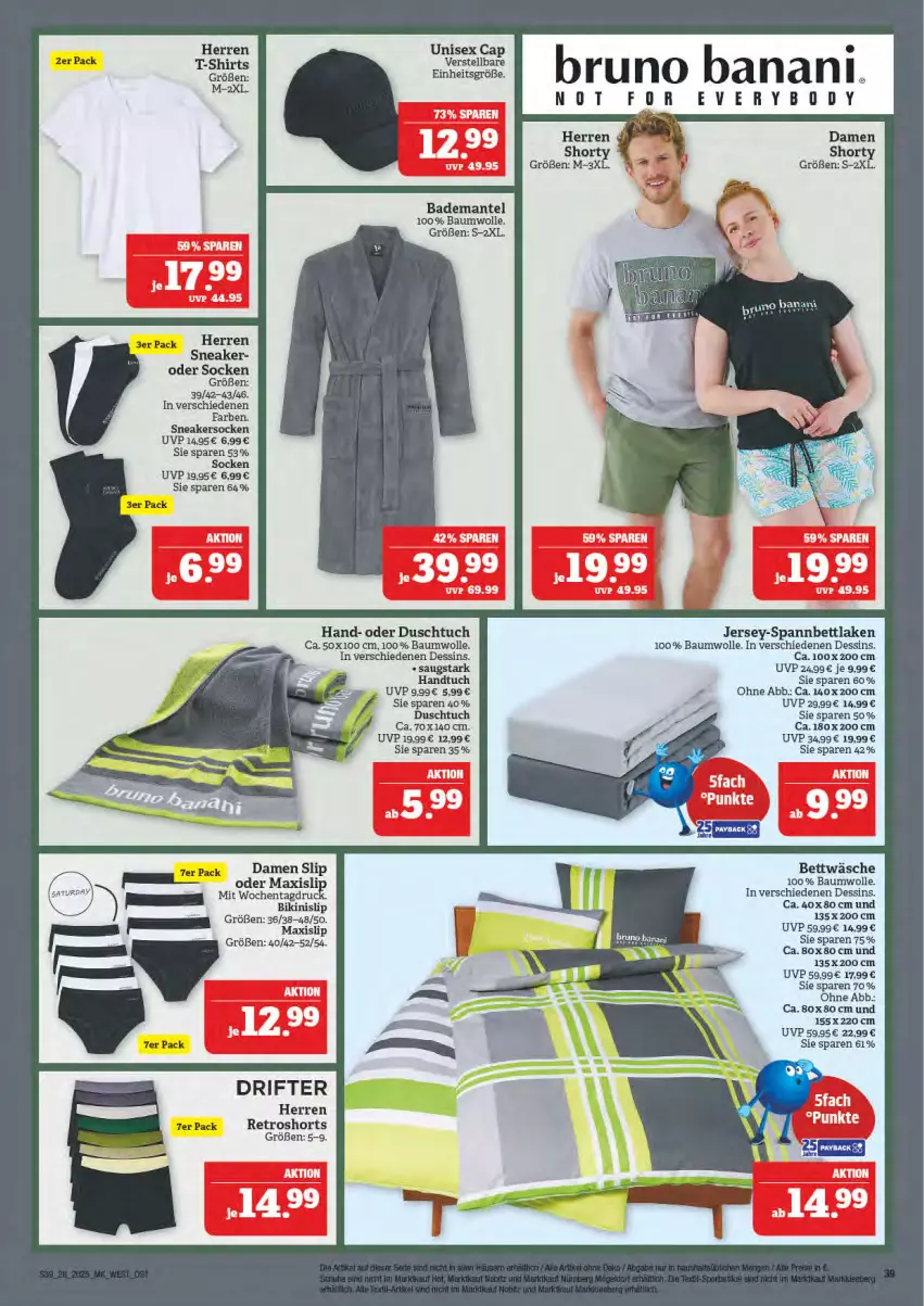 Aktueller Prospekt Marktkauf - Prospekt - von 06.07 bis 12.07.2025 - strona 39 - produkty: Bad, Bademantel, Bau, baumwolle, bett, bettwäsche, bikini, Cap, damen short, duschtuch, handtuch, Mantel, retroshorts, shorts, shorty, slip, sneaker, sneakersocken, socken, spannbettlaken, tuc, wolle
