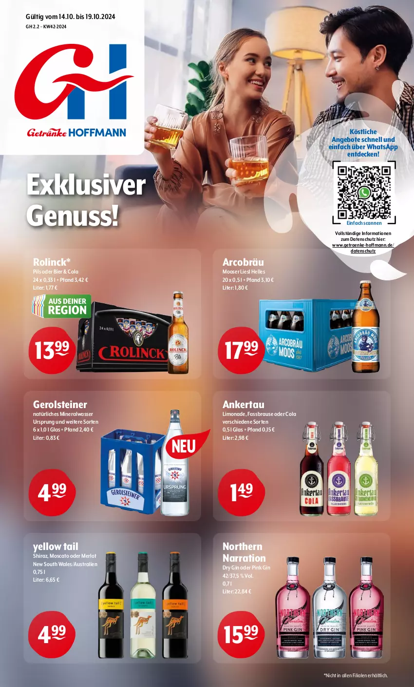 Aktueller Prospekt Getraenke Hoffmann - Prospekte - von 14.10 bis 19.10.2024 - strona 1 - produkty: Alwa, angebot, angebote, aust, bier, brause, cola, decke, dry gin, elle, fassbrause, gerolsteine, gerolsteiner, gin, limo, limonade, merl, merlot, mineralwasser, natürliches mineralwasser, nuss, pils, steiner, Ti, wasser, yellow tail