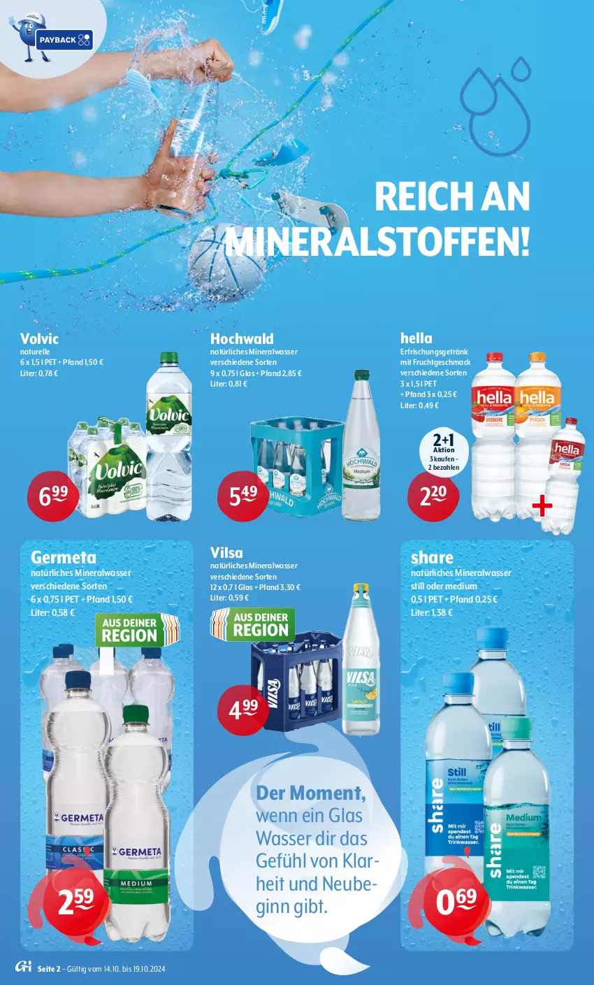 Aktueller Prospekt Getraenke Hoffmann - Prospekte - von 14.10 bis 19.10.2024 - strona 2 - produkty: Alwa, elle, erfrischungsgetränk, frucht, Germ, getränk, gin, hella, hochwald, mac, mineralwasser, Mineralwasser Still, mit frucht, natur, natürliches mineralwasser, rel, Ti, vilsa, volvic, wasser