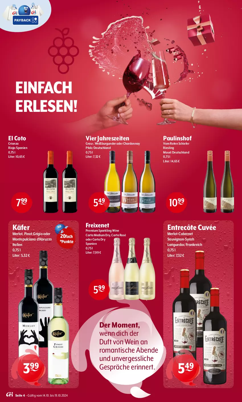 Aktueller Prospekt Getraenke Hoffmann - Prospekte - von 14.10 bis 19.10.2024 - strona 4 - produkty: burgunder, cabernet, cabernet sauvignon, chardonnay, cuvée, entrecôte, freixenet, käfer, merl, merlot, monte, Montepulciano, Pinot, pinot grigio, Ria, riesling, rioja, sauvignon, Ti, tisch, wein, Weißburgunder