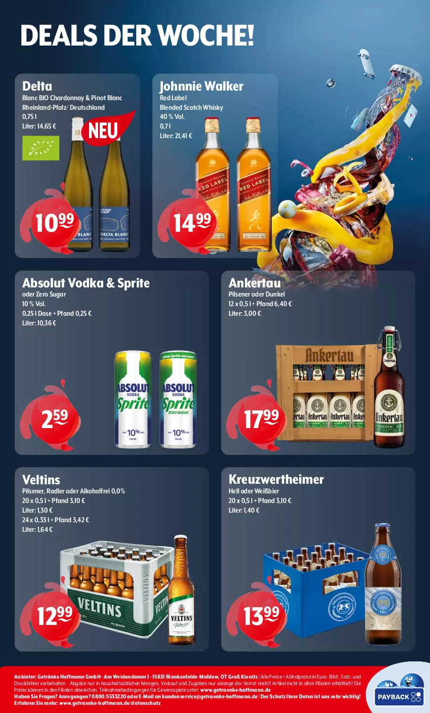 Aktueller Prospekt Getraenke Hoffmann - Prospekte - von 14.10 bis 19.10.2024 - strona 8 - produkty: abholpreise, Absolut Vodka, alkohol, bier, bio, blended scotch, blended scotch whisky, chardonnay, eimer, eis, getränk, getränke, gewinnspiel, johnnie walker, pils, pilsener, Pinot, radler, reis, scotch, scotch whisky, Spiele, sprite, Ti, veltins, veltins pilsener, vodka, whisky