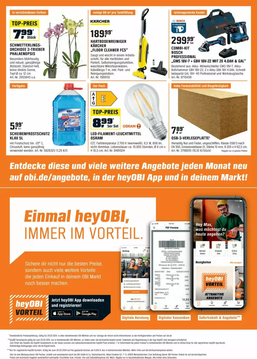 Aktueller Prospekt Obi - Prospekte - von 31.01 bis 29.02.2024 - strona 12 - produkty: akku, auer, Blüte, Bohrhammer, citrus, eis, erde, google play, Hartbodenreiniger, Heu, karcher, Kärcher, küche, Küchen, latte, leuchtmittel, Mett, mikrofaser, orchidee, Osram, phalaenopsis, reiniger, Reinigung, reis, rwe, Scheibenfrostschutz, Schmetterling, Tasche, Ti, top-preis, topf, werkzeug, Winkelschleifer, Yo