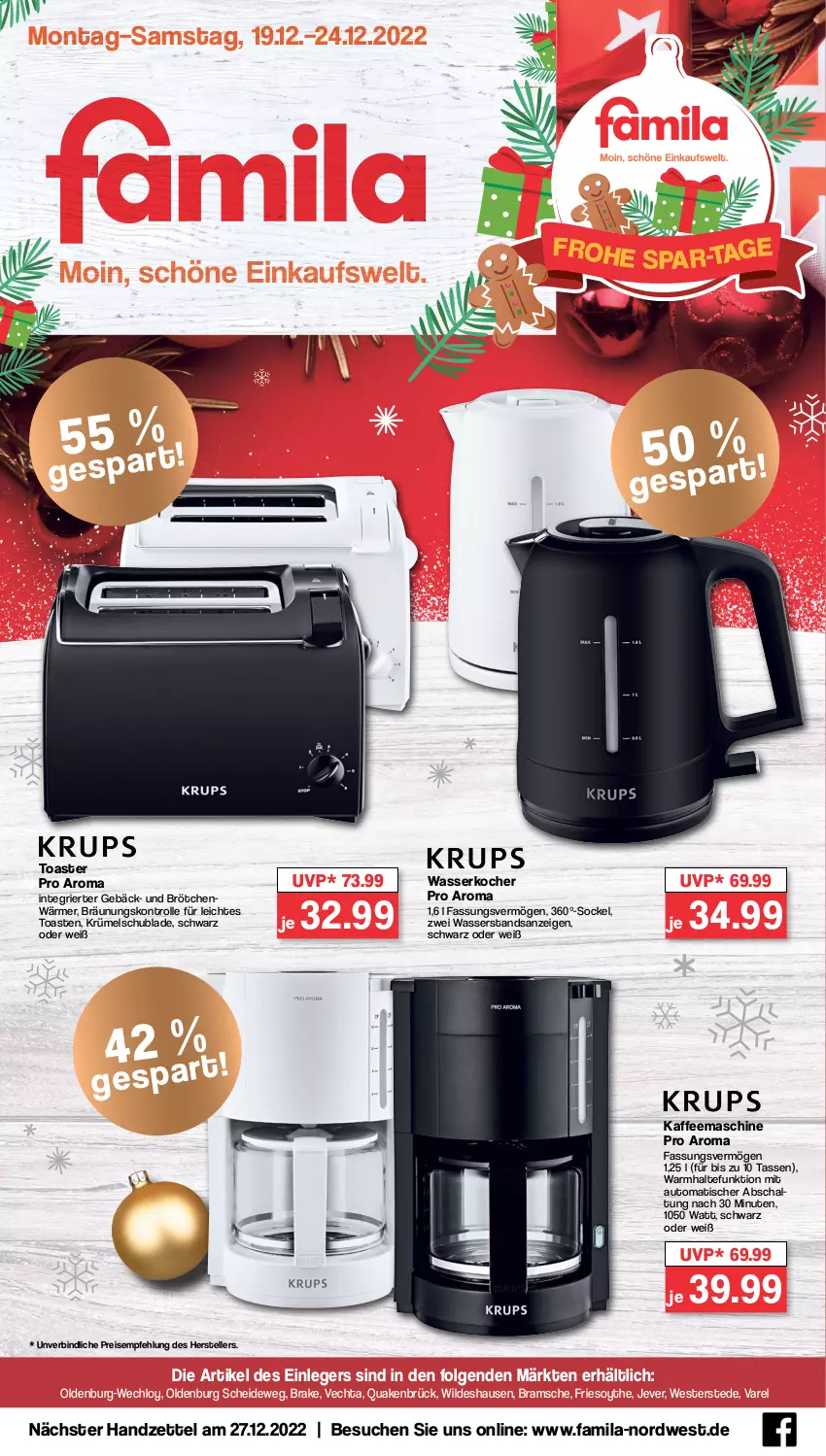 Aktueller Prospekt Famila - Prospekte - von 19.12 bis 24.12.2022 - strona 1 - produkty: auto, brötchen, eis, elle, jever, kaffee, kaffeemaschine, Kocher, LG, reis, rel, Schal, tasse, teller, Ti, tisch, toast, toaster, wasser, wasserkocher, Weste, Wild