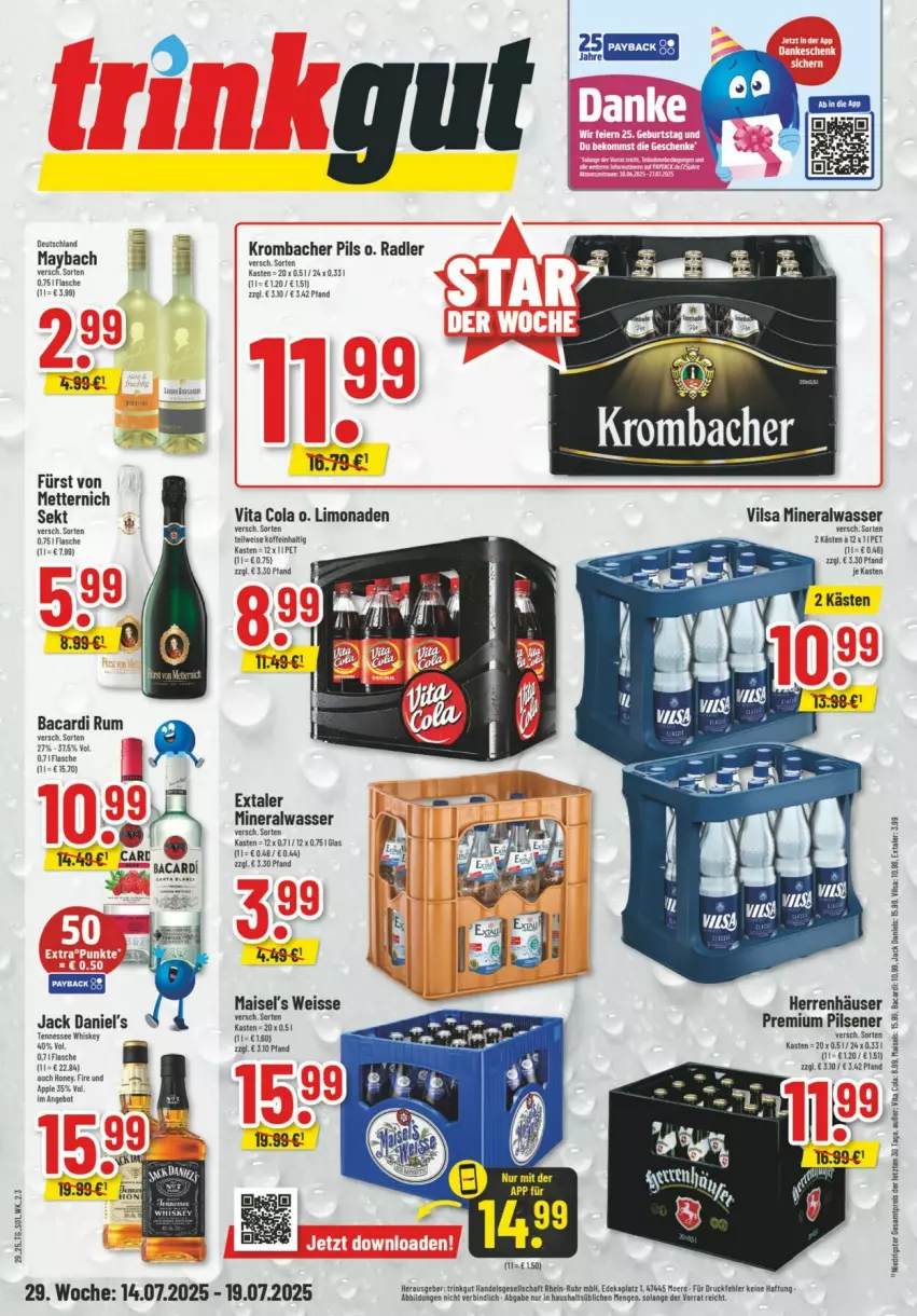 Aktueller Prospekt Trinkgut - Prospekte - von 13.07 bis 19.07.2025 - strona 1 - produkty: Alwa, Apple, bacardi, cola, eis, Extaler, fisch, fische, fürst von metternich, jack daniel, jack daniel's, limo, limonade, limonaden, mais, maybach, Mett, metternich, mineralwasser, pils, pilsener, premium pils, radler, reis, sekt, vilsa, vita, Vita C, wasser, ZTE