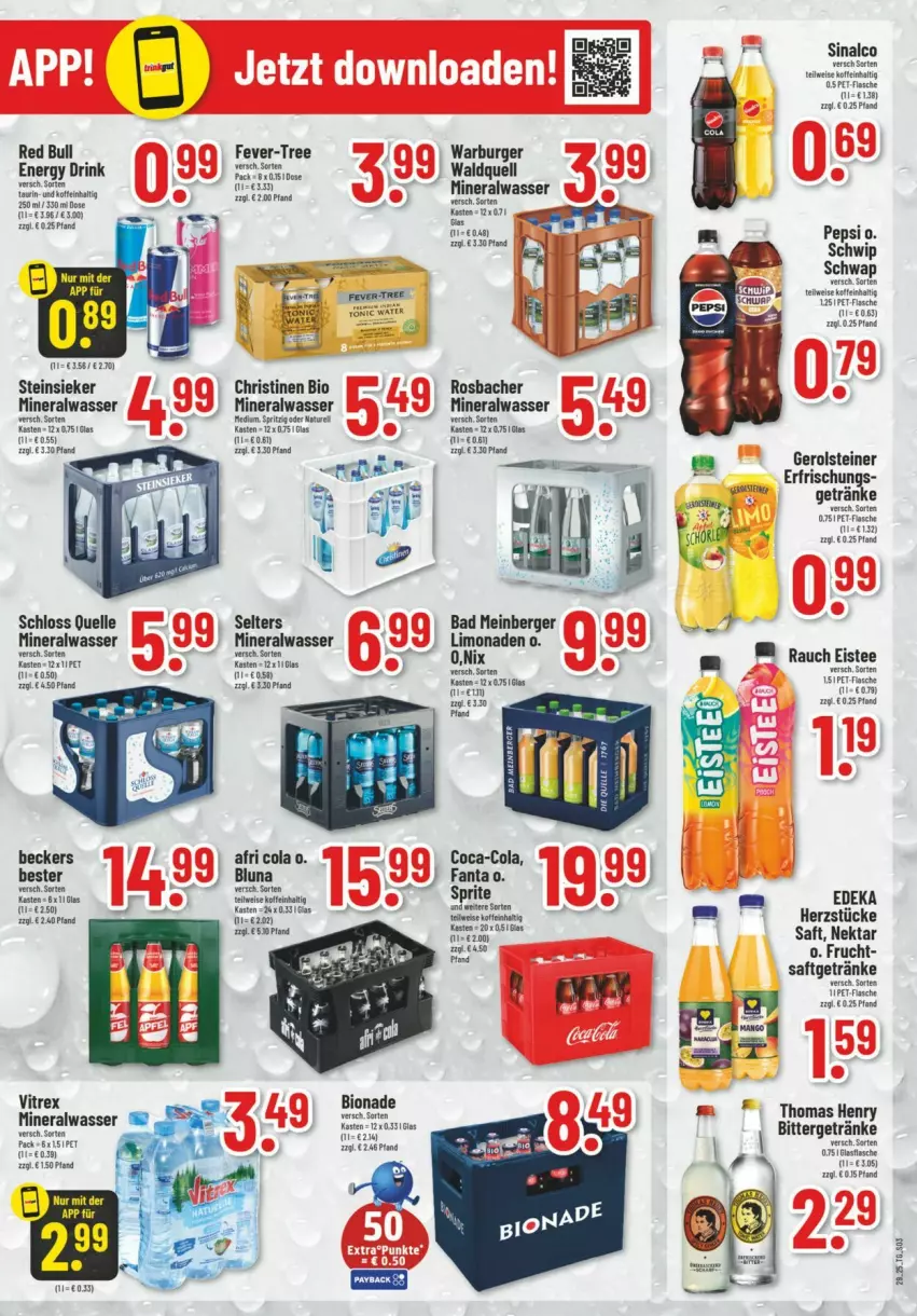 Aktueller Prospekt Trinkgut - Prospekte - von 13.07 bis 19.07.2025 - strona 3 - produkty: Afri Cola, Alwa, Bad, Berger, bio, bionade, burger, cola, deka, eis, eistee, elle, fever-tree, flasche, frucht, gerolsteine, gerolsteiner, getränk, getränke, limo, limonade, limonaden, mineralwasser, Mineralwasser Medium, natur, Nektar, pepsi, pet-flasche, Rauch, red bull, saft, Schwip Schwap, Selters, sinalco, steiner, Steinsieker, tee, thomas henry, Ti, vitrex, wasser