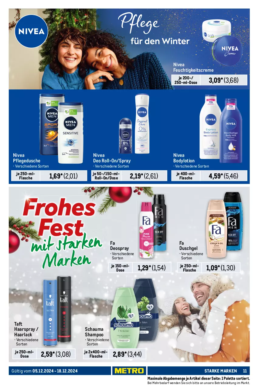 Aktueller Prospekt Metro - Starke Marken - von 05.12 bis 18.12.2024 - strona 11 - produkty: Alwa, Always, arla, aufsteckbürsten, blend-a-med, body, bodylotion, bürste, bürsten, creme, deo, deo roll-on, deospray, dusche, duschgel, fa duschgel, feuchtigkeitscreme, flasche, fusion5, gillette, Haarlack, haarspray, lack, Lotion, nivea, oral-b, Palette, pantene, pantene pro-v, pflegedusche, pro-v, roll-on, schauma, schauma shampoo, shampoo, slip, slipeinlagen, spülung, Systemklingen, Taft, Ti, zahncreme