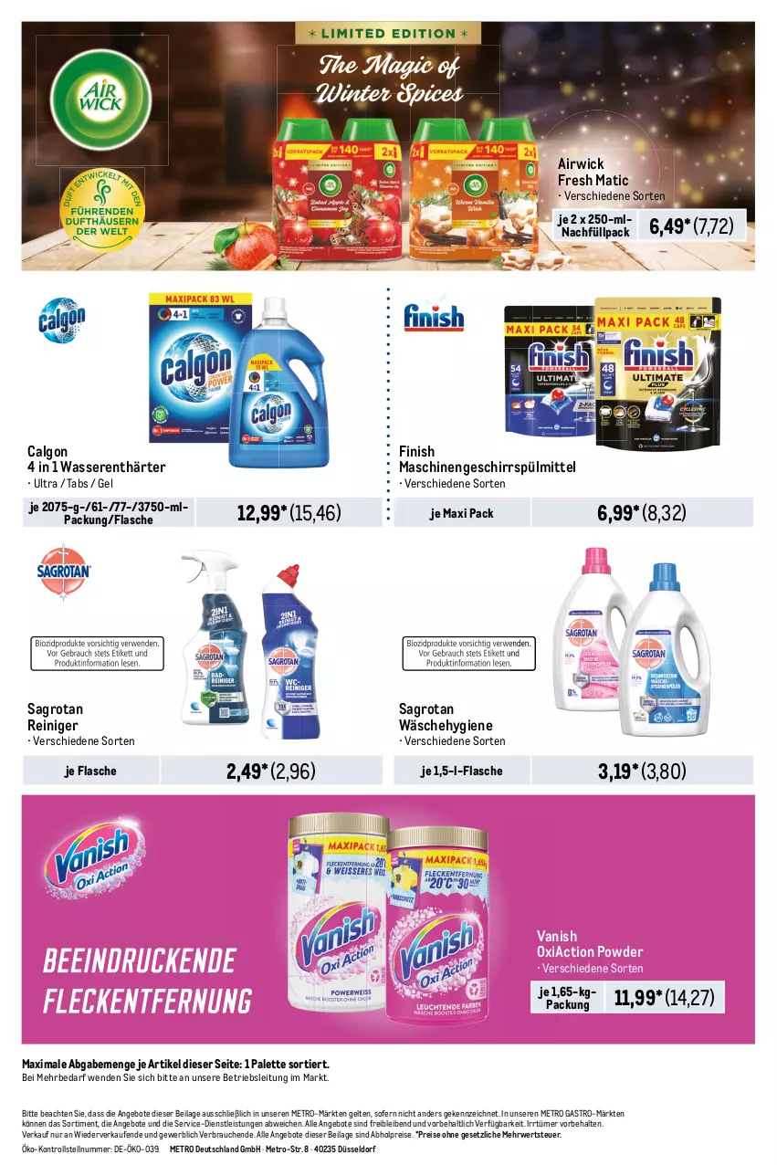 Aktueller Prospekt Metro - Starke Marken - von 05.12 bis 18.12.2024 - strona 14 - produkty: abholpreise, airwick, angebot, angebote, calgon, eis, Finish, flasche, geschirr, geschirrspülmittel, ilag, LG, Metro, metro gastro, Palette, Rauch, reiniger, reis, rwe, sagrotan, spülmittel, Ti, vanish, wasser, wasserenthärter, WICK