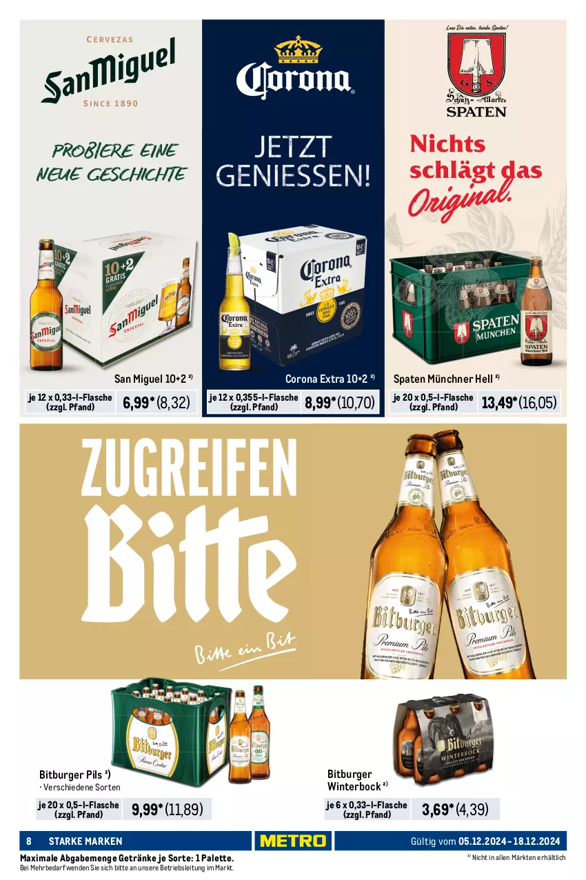 Aktueller Prospekt Metro - Starke Marken - von 05.12 bis 18.12.2024 - strona 8 - produkty: auto, bitburger, bitburger pils, burger, corona, corona extra, eis, flasche, getränk, getränke, LG, Metro, Palette, pils, reis, Spaten, Ti, tisch, top-preis