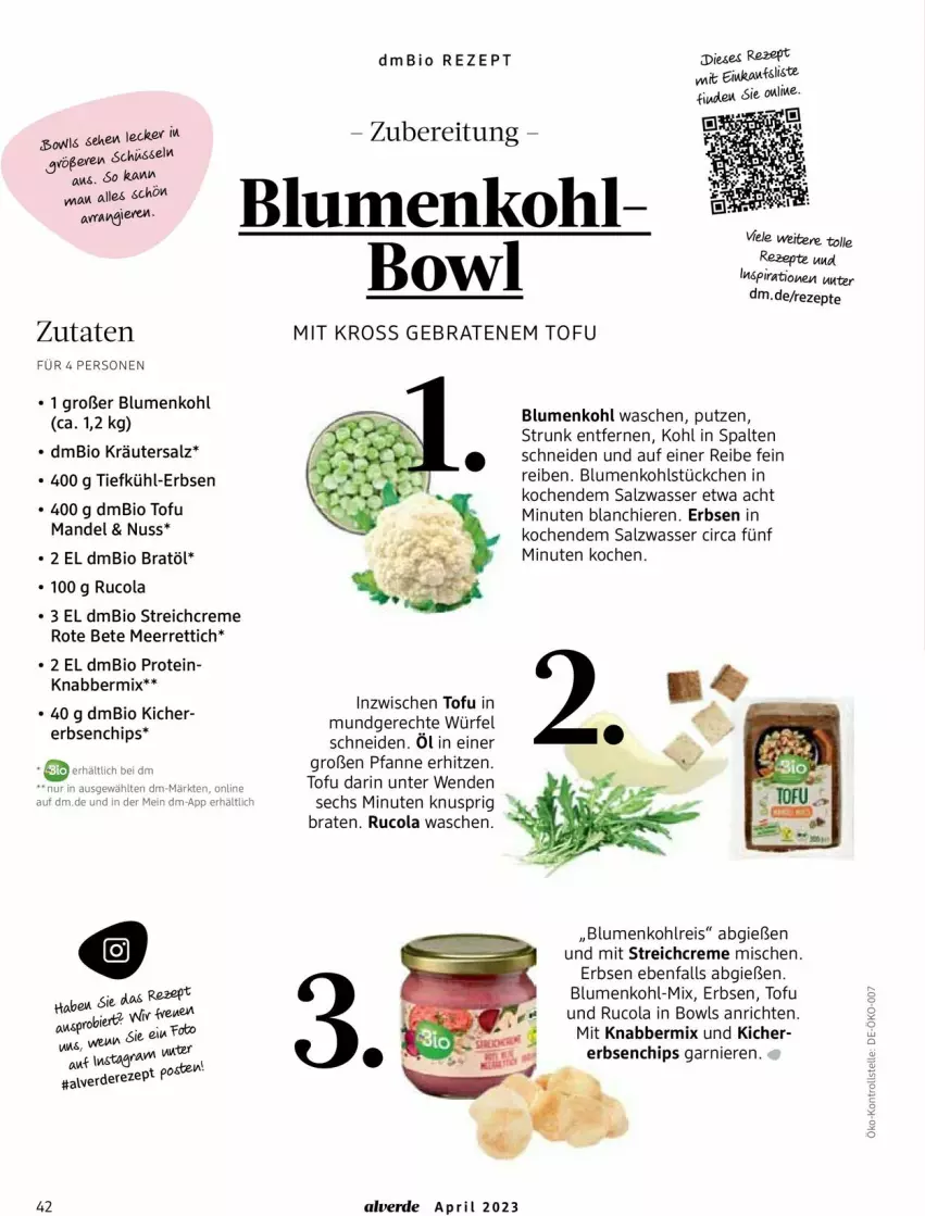 Aktueller Prospekt Dm Drogerie - Prospekte - von 01.04 bis 30.04.2023 - strona 42 - produkty: Alverde, Anrichte, bier, bio, blume, blumen, blumenkohl, braten, chips, cola, creme, eis, elle, erbsen, erde, garnier, kräuter, mandel, meerrettich, nuss, pfanne, pril, reis, Rettich, rezept, rezepte, rote bete, rucola, salz, schüssel, Ti, Tofu, wasser, würfel