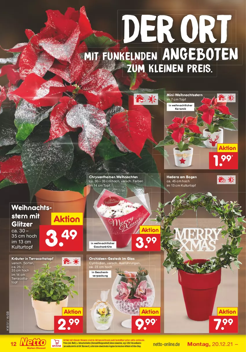 Aktueller Prospekt Netto Marken-Discount - Filial Angebote - von 20.12 bis 24.12.2021 - strona 12 - produkty: angebot, angebote, chrysanthemen, eis, kräuter, kulturtopf, leine, ndk, orchidee, orchideen, reis, Ti, topf, Tüte, versandkostenfrei, weihnachten, Weihnachtsstern