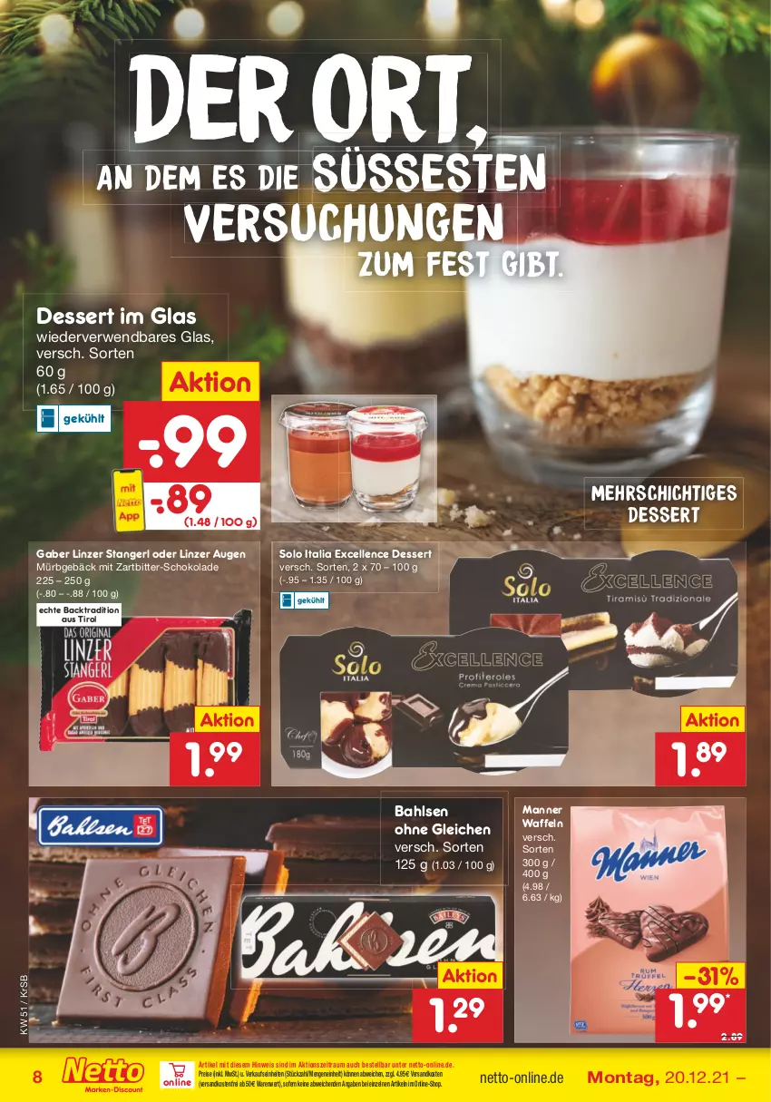 Aktueller Prospekt Netto Marken-Discount - Filial Angebote - von 20.12 bis 24.12.2021 - strona 8 - produkty: bahlsen, dessert, eis, elle, Linzer Augen, Manner, ndk, reis, rwe, schoko, schokolade, Ti, versandkostenfrei, waffeln