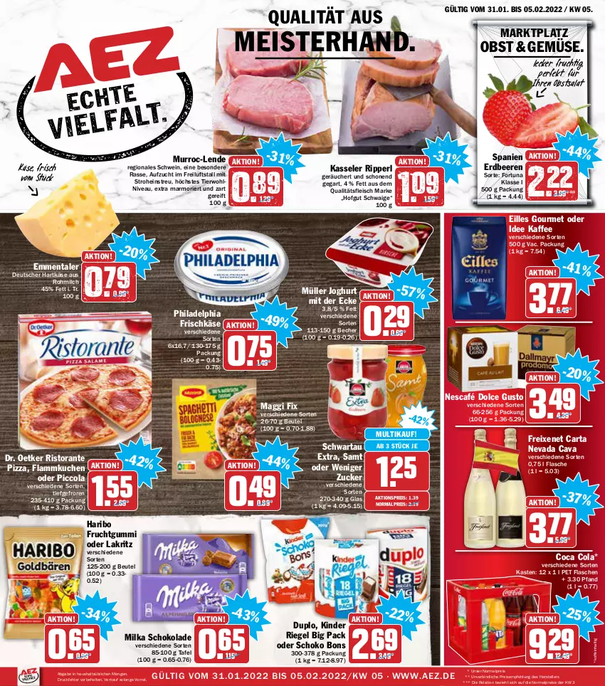 Aktueller Prospekt Aez - Prospekte - von 31.01 bis 05.02.2022 - strona 1 - produkty: AEZ, aktionspreis, Becher, beere, beeren, beutel, Cava, cola, dolce gusto, Dr. Oetker, duplo, eilles gourmet, eis, elle, emmentaler, erdbeere, erdbeeren, flammkuchen, flasche, fleisch, freixenet, frischkäse, frucht, fruchtgummi, haribo, hartkäse, hofgut, joghur, joghurt, kaffee, Käse, kasseler, Kinder, kinder riegel, kuchen, Lakritz, lamm, maggi, maggi fix, Meister, milch, milka, milka schokolade, Müller, Nescafé, nivea, obst, oder lakritz, philadelphia, pizza, reis, rel, riegel, ristorante, ristorante pizza, salat, schoko, schokolade, Schwartau, schwein, teller, Ti, wein, zucker