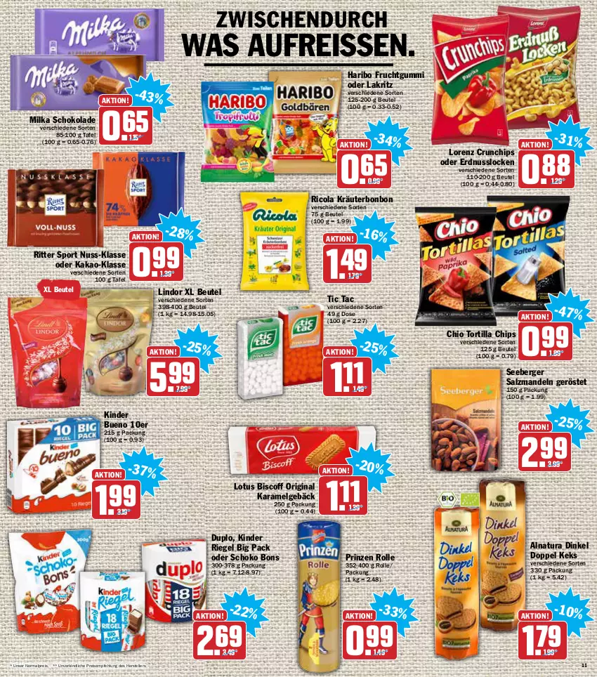 Aktueller Prospekt Aez - Prospekte - von 31.01 bis 05.02.2022 - strona 11 - produkty: Berger, beutel, biscoff, chips, cola, crunchips, duplo, eis, elle, erdnuss, frucht, fruchtgummi, gin, haribo, kakao, keks, Kinder, kinder bueno, kinder riegel, kräuter, Lakritz, LG, lindor, lorenz, lorenz crunchips, mandel, mandeln, milka, milka schokolade, natur, natura, nuss, oder lakritz, prinzen rolle, reis, reiss, Ricola, riegel, ritter, ritter sport, salz, schoko, schokolade, seeberger, Sport, teller, Ti, tortilla, Tortilla Chips