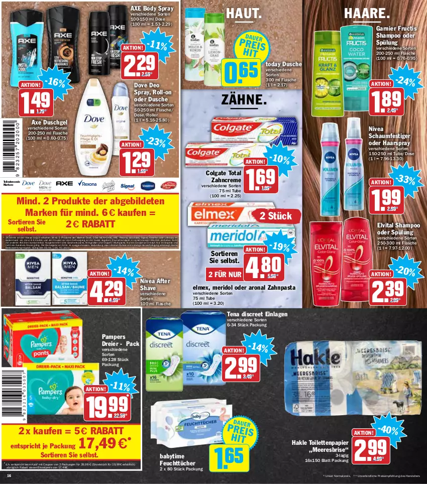 Aktueller Prospekt Aez - Prospekte - von 31.01 bis 05.02.2022 - strona 16 - produkty: after shave, axe, axe duschgel, body, Brei, colgate, colgate total, coupon, creme, deo, deo spray, Discreet, dove, duschdas, dusche, duschgel, eier, eis, elle, elmex, elvital, feuchttücher, flasche, fructis, garnier, gin, haarspray, hakle, hakle toilettenpapier, LG, meridol, nivea, pampers, papier, pasta, reis, rexona, roll-on, Roller, schaumfestiger, shampoo, shampoo oder spülung, Signal, spülung, teller, Ti, Tiere, toilettenpapier, tücher, Vase, vita, zahncreme, zahnpasta