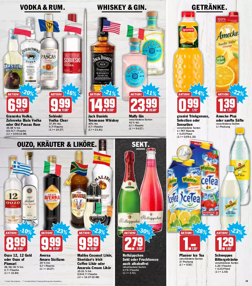 Aktueller Prospekt Aez - Prospekte - von 31.01 bis 05.02.2022 - strona 19 - produkty: alkohol, amaro, amarula, amecke, averna, coconut, ecco, eis, elle, flasche, frucht, fruchtsecco, getränk, getränke, gin, granini, ice tea, jack daniel, jack daniels, kräuter, likör, Malibu, nuss, ouzo, ouzo 12, pfanne, Pfanner, reis, rotkäppchen, rum, säfte, schweppes, sekt, teller, tennessee whiskey, Ti, vodka, whiskey