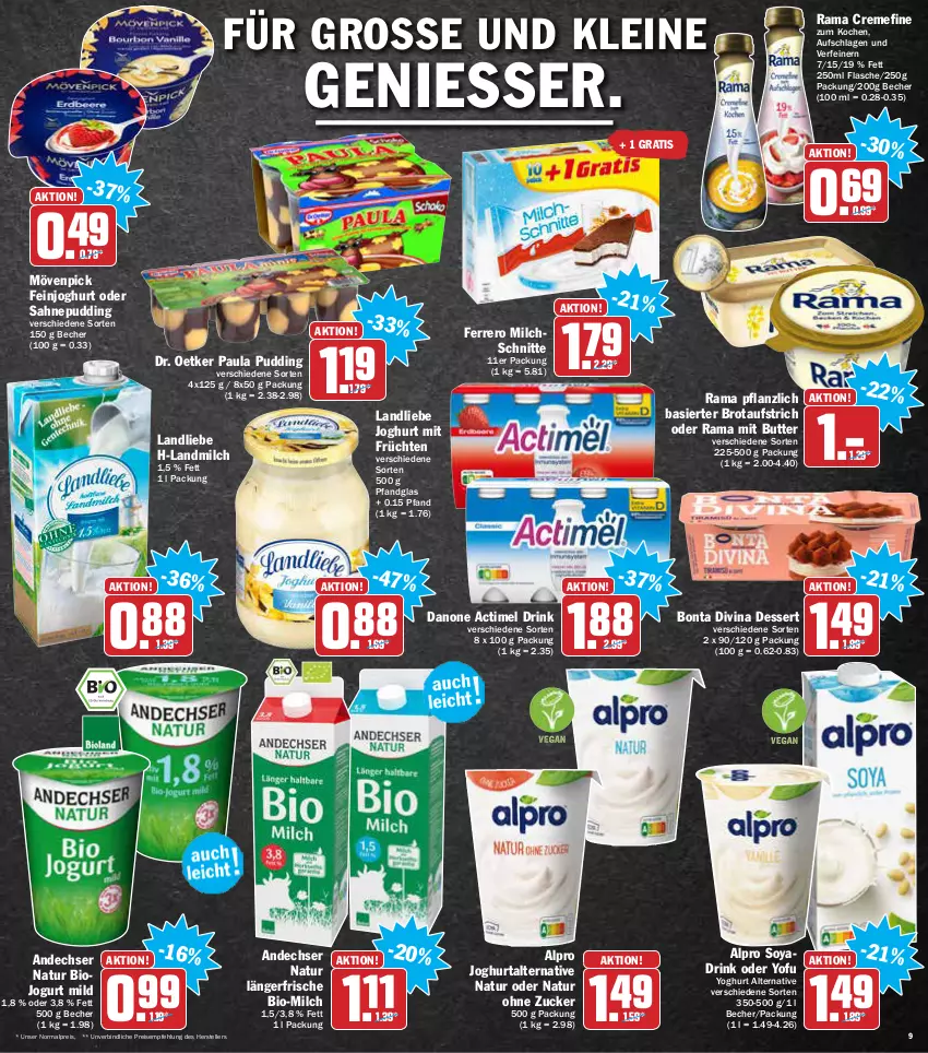 Aktueller Prospekt Aez - Prospekte - von 31.01 bis 05.02.2022 - strona 9 - produkty: actimel, actimel drink, alpro, aufstrich, Becher, bio, brot, brotaufstrich, butter, creme, danone, danone actimel drink, dessert, Dr. Oetker, drink, eis, elle, feinjoghurt, ferrero, flasche, früchte, früchten, joghur, joghurt, jogurt, landliebe, landliebe joghurt, landmilch, leine, milch, Milchschnitte, mövenpick, natur, Paula, paula pudding, pudding, rama, rama cremefine, reis, sahne, soya, teller, Ti, Yo, yoghurt, zucker