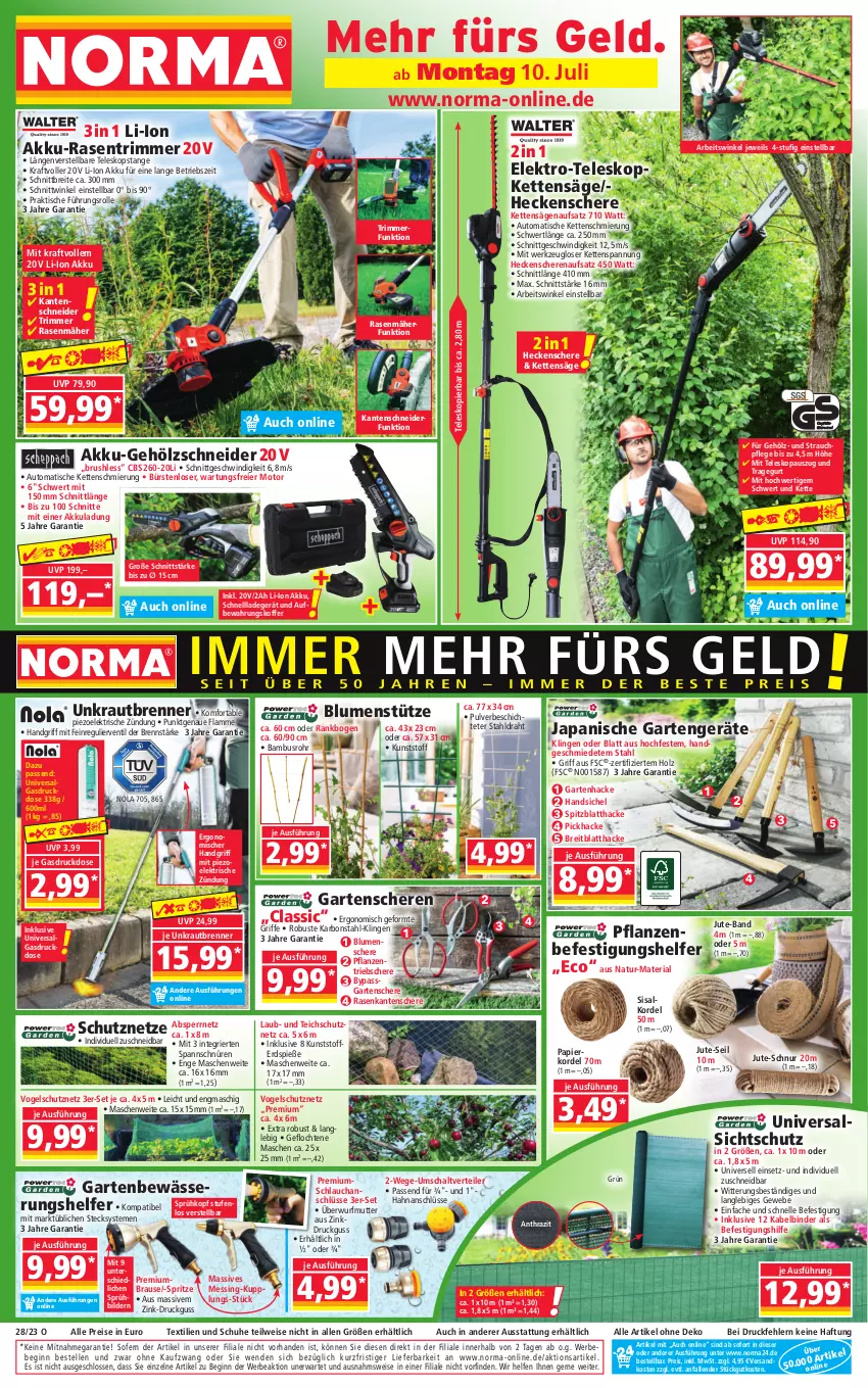 Aktueller Prospekt Norma - Norma - von 10.07 bis 17.07.2023 - strona 1 - produkty: akku, aufbewahrungskoffer, auto, bambus, Bebe, blume, blumen, brause, Brei, bürste, bürsten, Draht, eier, eis, Elektro, elle, Garten, Gartenschere, gin, heckenschere, Holz, Kette, koffer, kraft, Kraut, ladegerät, lamm, LG, natur, ndk, papier, pflanze, pflanzen, rasen, rasenmäher, rasentrimmer, Rauch, reis, Ria, säge, Schal, Schere, schlauch, schnellladegerät, schuhe, Schutznetz, Teleskop, Ti, tisch, werkzeug