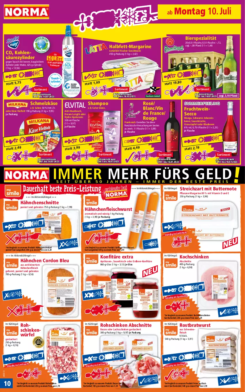 Aktueller Prospekt Norma - Norma - von 10.07 bis 17.07.2023 - strona 10 - produkty: apfel, aprikose, aprikosen, auer, bacon, Bau, beere, bier, Blaubeer, blaubeere, braten, bratwurst, butter, cordon bleu, ecco, eis, flasche, fleisch, fleischwurst, frucht, Geflügel, Geflügel-Fleischwurst, grana, granatapfel, Hähnchenfleisch, Hähnchenschnitzel, hinterschinken, hyaluron, johannisbeere, Käse, käse vielfalt, kirsch, kirsche, kochschinken, konfitüre, konfitüre extra, kühlregal, lachs, lachsschinken, leine, mac, mango, margarine, pflanze, pflanzen, Rana, regal, reis, rohschinken, rostbratwurst, rouge, sahne, schinken, Schmelzkäse, schnitzel, schwein, schweine, schweinefleisch, shampoo, Spezi, Sprudel, Streichzart, Ti, tisch, vin de france, vita, Vitamin D, wasser, wein, weine, würfel, wurst