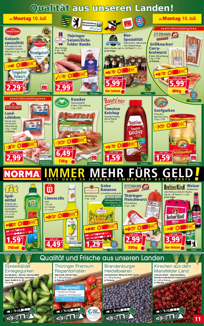 Aktueller Prospekt Norma - Norma - von 10.07 bis 17.07.2023 - strona 11 - produkty: apfel, banane, bananen, beere, beeren, bier, Blüte, bratwurst, burger, curry, eis, flasche, fleisch, Fleischerei, fleischwurst, frucht, gelee, gin, grana, granatapfel, grill, gulasch, gurke, gurken, heidelbeere, heidelbeeren, himbeer, himbeere, ketchup, kirsch, kirsche, kirschen, knacker, kräuter, kräutern, kühlregal, landschinken, LG, likör, limo, mandel, Meister, nuss, Rana, regal, reis, ring, rispentomaten, sac, salami, Schere, schinken, schoko, schokolade, senf, Spezi, spitzenqualität, spreewälder, spreewaldhof, spülmittel, Ti, tiefpreis, tomate, tomaten, tomaten ketchup, waldmeister, wurst, Zartbitterschokolade