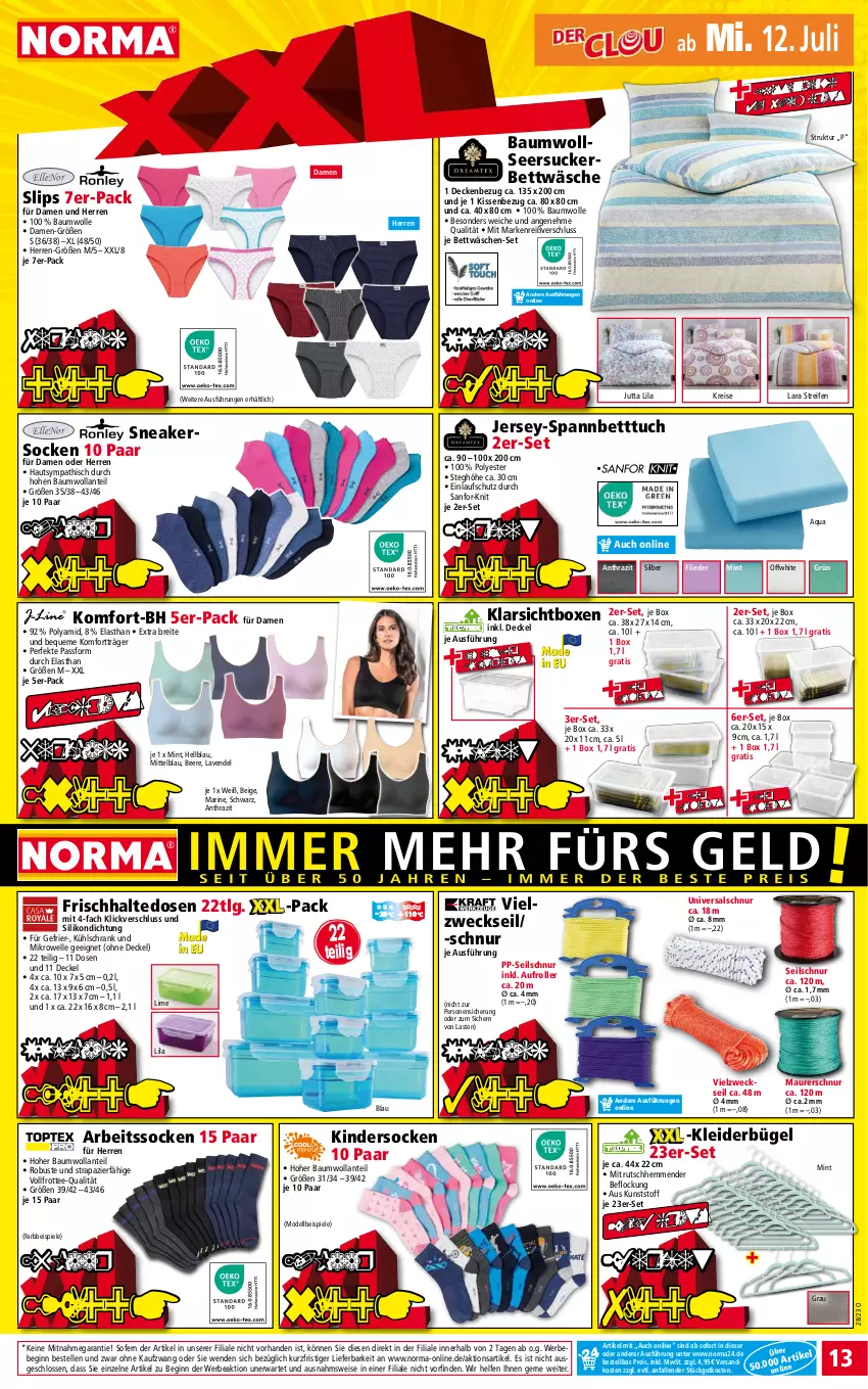 Aktueller Prospekt Norma - Norma - von 10.07 bis 17.07.2023 - strona 13 - produkty: aqua, Arbeitssocken, Bau, baumwolle, Bebe, beere, bett, Betttuch, bettwäsche, Brei, bügel, decke, Deckel, dell, eis, elle, flieder, frischhaltedosen, gin, jersey-spannbetttuch, Kinder, kissen, Kissenbezug, Klarsichtbox, kleid, kleider, kleiderbügel, kühlschrank, lavendel, LG, Maurerschnur, mikrowelle, mint, Mode, ndk, reifen, reis, Roller, Schrank, seersucker, Seilschnur, slip, slips, sneaker, sneakersocken, socken, spannbetttuch, Spiele, tee, Ti, tuc, Vielzweckseil, weck, wolle