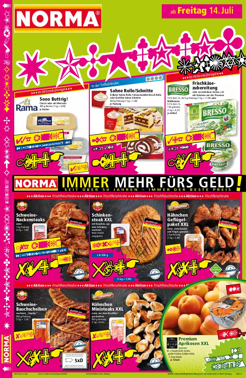 Aktueller Prospekt Norma - Norma - von 10.07 bis 17.07.2023 - strona 16 - produkty: aprikose, aprikosen, Bau, bauchscheiben, Becher, brustfilet, eier, eierlikör, eis, filet, fleisch, frischkäse, frischkäsezubereitung, früchte, Geflügel, gewürz, Käse, kirsch, kräuter, kräutern, lebensmittel, likör, meersalz, Nackensteak, nackensteaks, natur, paprika, regal, reis, sahne, salz, Schal, Schale, schinken, Schinkensteak, schnitten, schwein, schweine, Schweinebauch, schweinebauchscheiben, schweinenacken, steak, steaks, Ti, tiefpreis, wein, weine, Wild