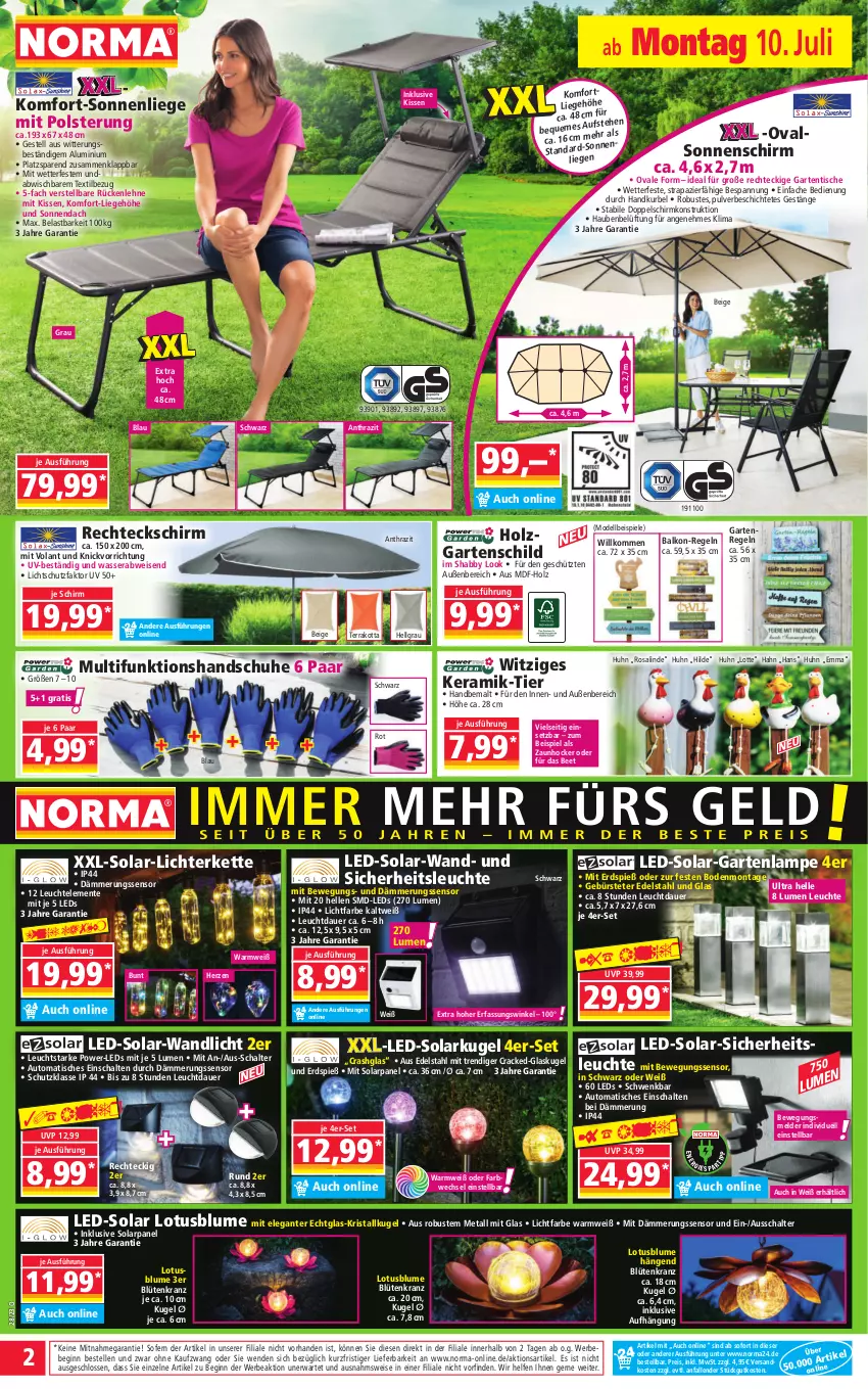 Aktueller Prospekt Norma - Norma - von 10.07 bis 17.07.2023 - strona 2 - produkty: auer, auto, Bebe, Bewegungssensor, blume, Blüte, bürste, dell, edelstahl, eis, elle, ente, Garten, gartentisch, Gartentische, gin, Glaskugel, gsw, handschuhe, hocker, Holz, Kette, kissen, Kranz, Kugel, Lampe, leds, Leuchte, LG, lichterkette, Liege, Mode, ndk, reis, rückenlehne, Schal, schuhe, sonnenliege, sonnenschirm, Spiele, Ti, tisch, usb, wasser, ZTE