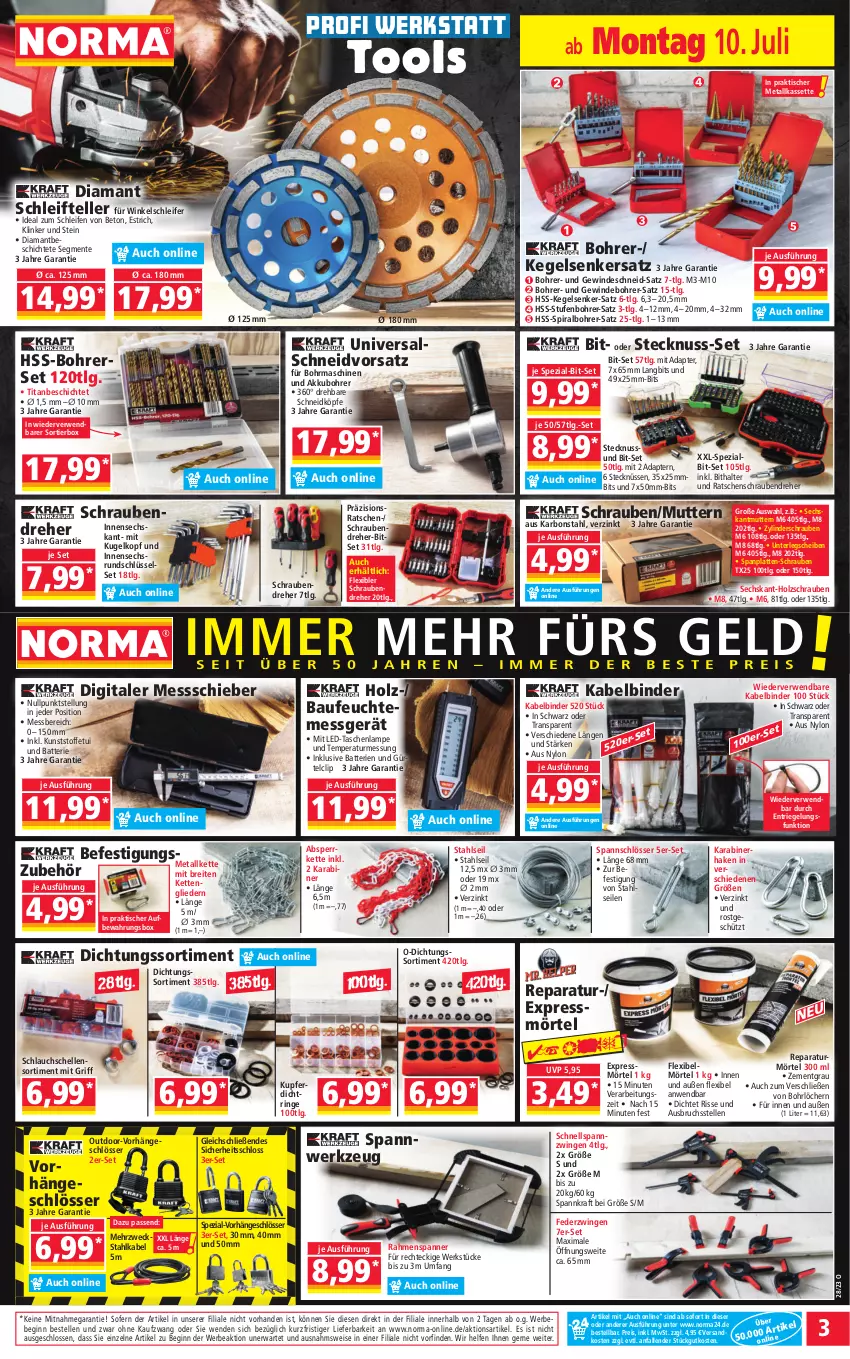 Aktueller Prospekt Norma - Norma - von 10.07 bis 17.07.2023 - strona 3 - produkty: adapter, akku, aufbewahrungsbox, batterie, batterien, Bau, Bebe, Bitset, Bohrerset, Brei, eis, elle, ente, gin, gsw, Holz, Kette, kraft, Kugel, Lampe, latte, LG, ndk, nuss, reis, riegel, ring, rwe, schlauch, schrauben, Schraubendreher, Spezi, Tasche, taschen, taschenlampe, teller, Ti, tisch, usb, weck, werkzeug, Winkelschleifer, Zement