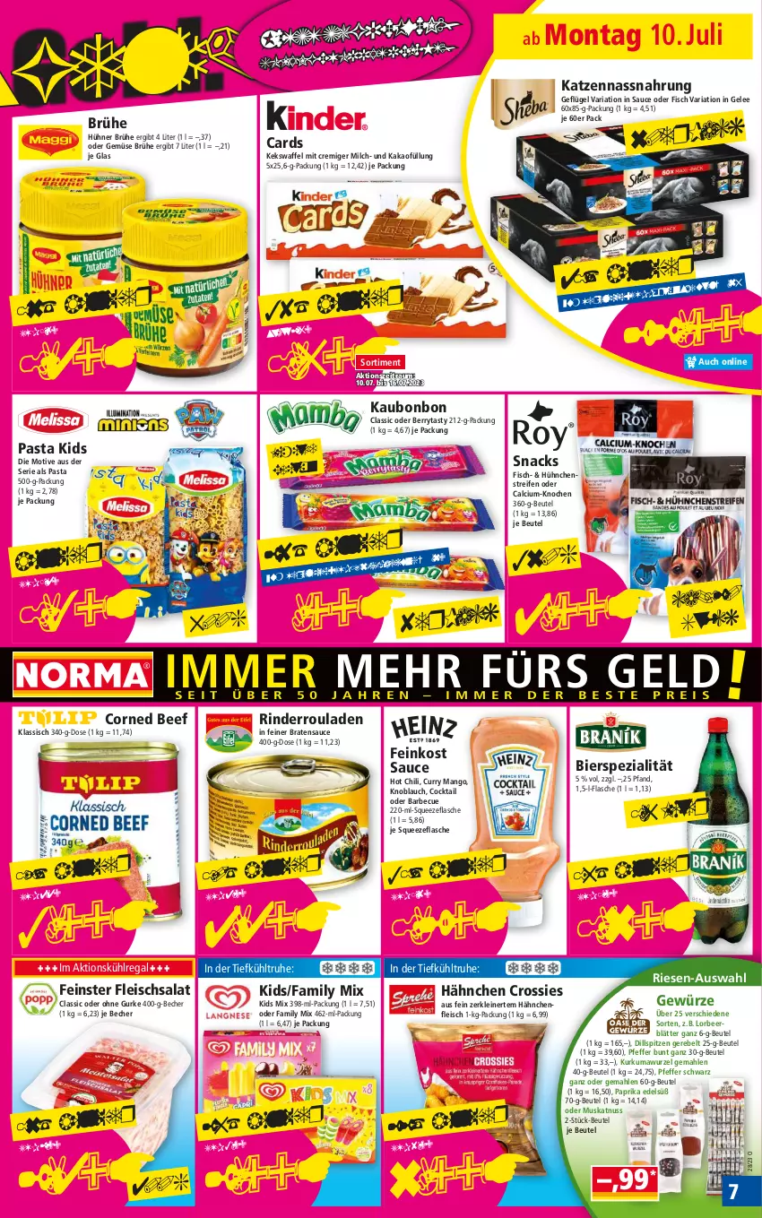 Aktueller Prospekt Norma - Norma - von 10.07 bis 17.07.2023 - strona 7 - produkty: barbecue, Becher, beef, beutel, bier, braten, Brühe, Calcium, chili, cocktail, corned beef, crossies, curry, eis, feinkost, fisch, flasche, fleisch, fleischsalat, Geflügel, gelee, gewürz, gurke, Hähnchenfleisch, hot chili, hühner, kakao, keks, knoblauch, kühlregal, leine, mango, milch, Muskatnuss, Nassnahrung, nuss, paprika, pasta, pfeffer, regal, reifen, Ria, rind, rinder, Rinderroulade, rinderrouladen, rouladen, salat, sauce, snack, snacks, Spezi, Ti