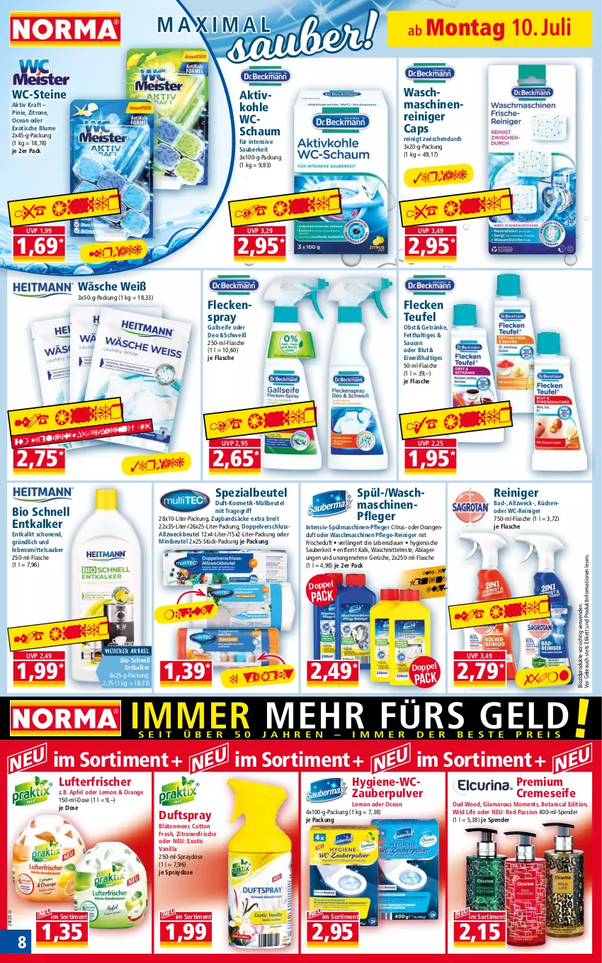 Aktueller Prospekt Norma - Norma - von 10.07 bis 17.07.2023 - strona 8 - produkty: Allzweckbeutel, apfel, auer, Bad, beutel, bio, biozidprodukte, blume, Blüte, Brei, Cap, citrus, creme, cremeseife, deo, Duftspray, entkalker, flasche, getränk, getränke, kosmetik, kraft, küche, Küchen, lebensmittel, lufterfrischer, Maschinenpfleger, maschinenreiniger, müllbeutel, obst, orange, orangen, Rauch, reiniger, rwe, sauce, saucen, Seife, Spezi, spülmaschinen, Ti, tisch, tragegriff, waschmaschine, waschmaschinen, waschmittel, wc-reiniger, WC-Steine, weck, Wild, zitrone, zitronen