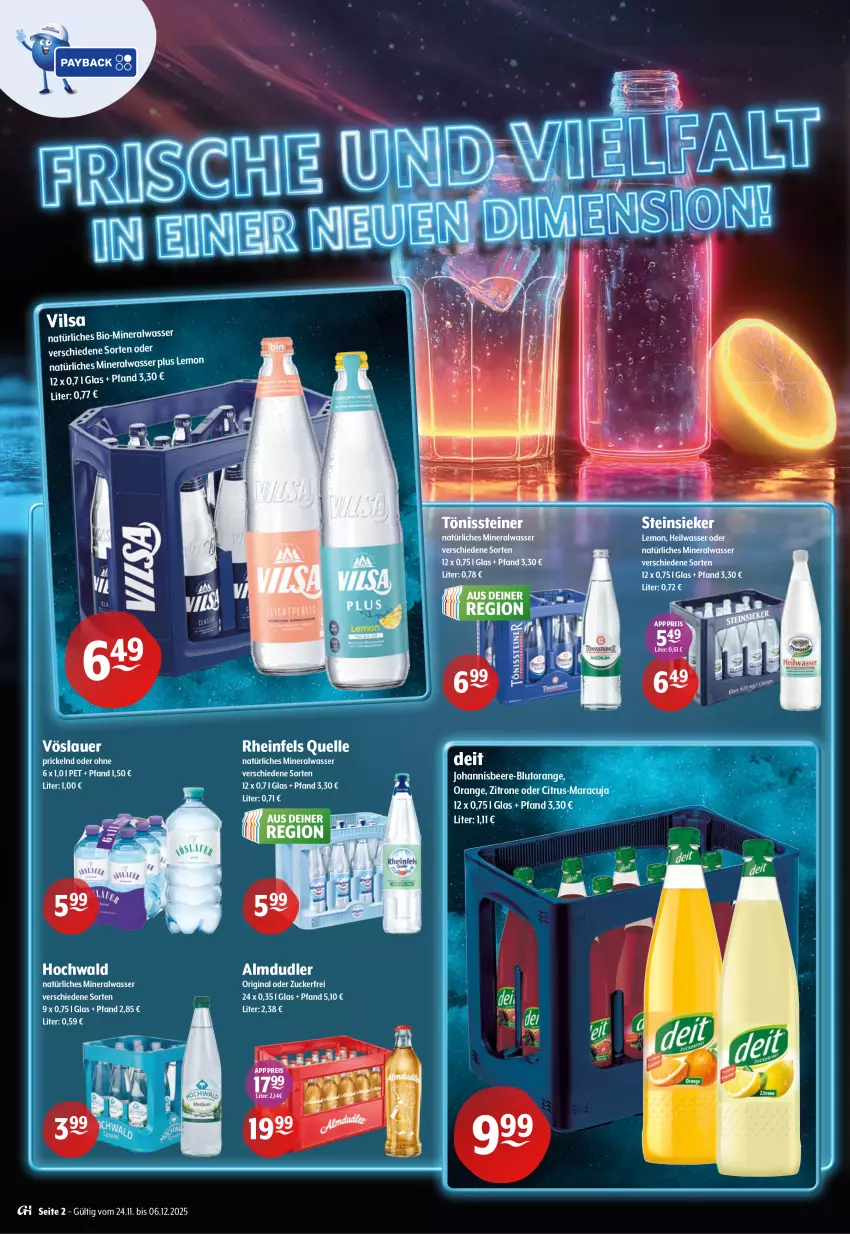 Aktueller Prospekt Getraenke Hoffmann - Prospekte - von 24.11 bis 06.12.2025 - strona 2 - produkty: Alwa, beere, bio, Blutorange, citrus, deit, elle, gin, hochwald, johannisbeere, maracuja, mineralwasser, natürliches mineralwasser, orange, rheinfels quelle, Steinsieker, Ti, wasser, zitrone, zucker