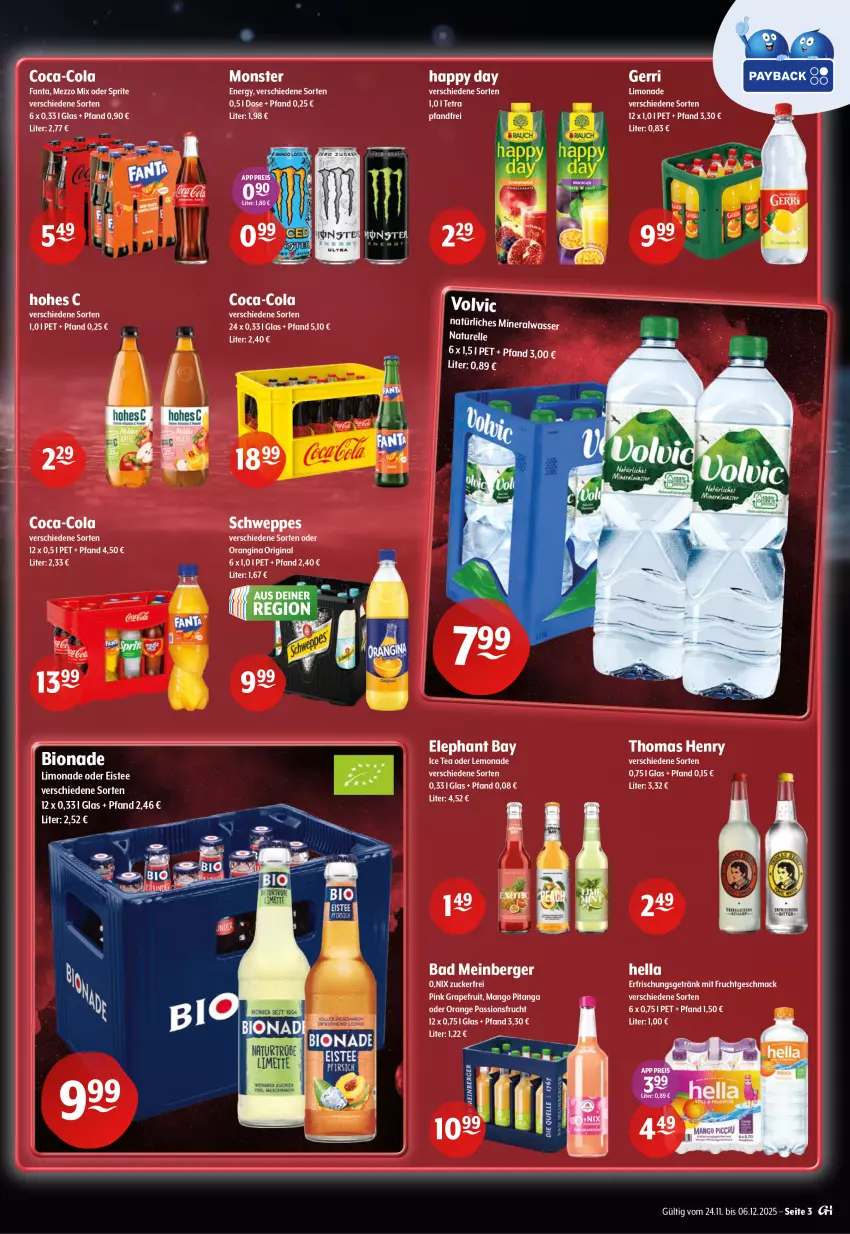 Aktueller Prospekt Getraenke Hoffmann - Prospekte - von 24.11 bis 06.12.2025 - strona 3 - produkty: canon, coca-cola, cola, elle, erfrischungsgetränk, frucht, getränk, gin, grapefruit, Happy Day, hella, Hohes C, ice tea, lemonade, mac, mango, mit frucht, natur, orange, orangina, passionsfrucht, rel, schweppes, tee, thomas henry, Ti