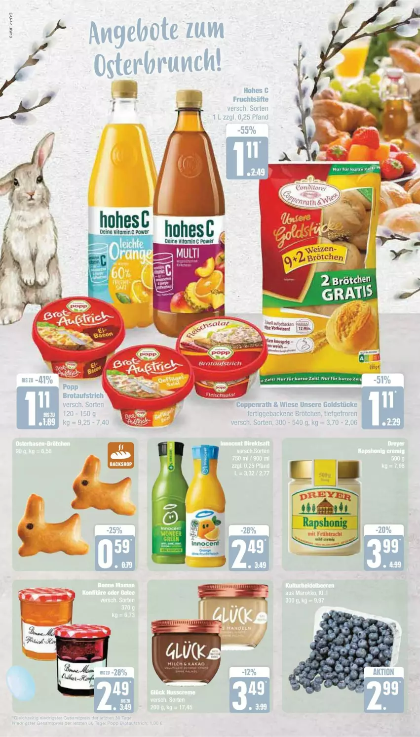 Aktueller Prospekt Edeka - Prospekte - von 25.03 bis 30.03.2024 - strona 4 - produkty: angebot, angebote, aufstrich, brot, brotaufstrich, brötchen, coppenrath, frucht, fruchtsäfte, geback, Goldstücke, säfte, Ti