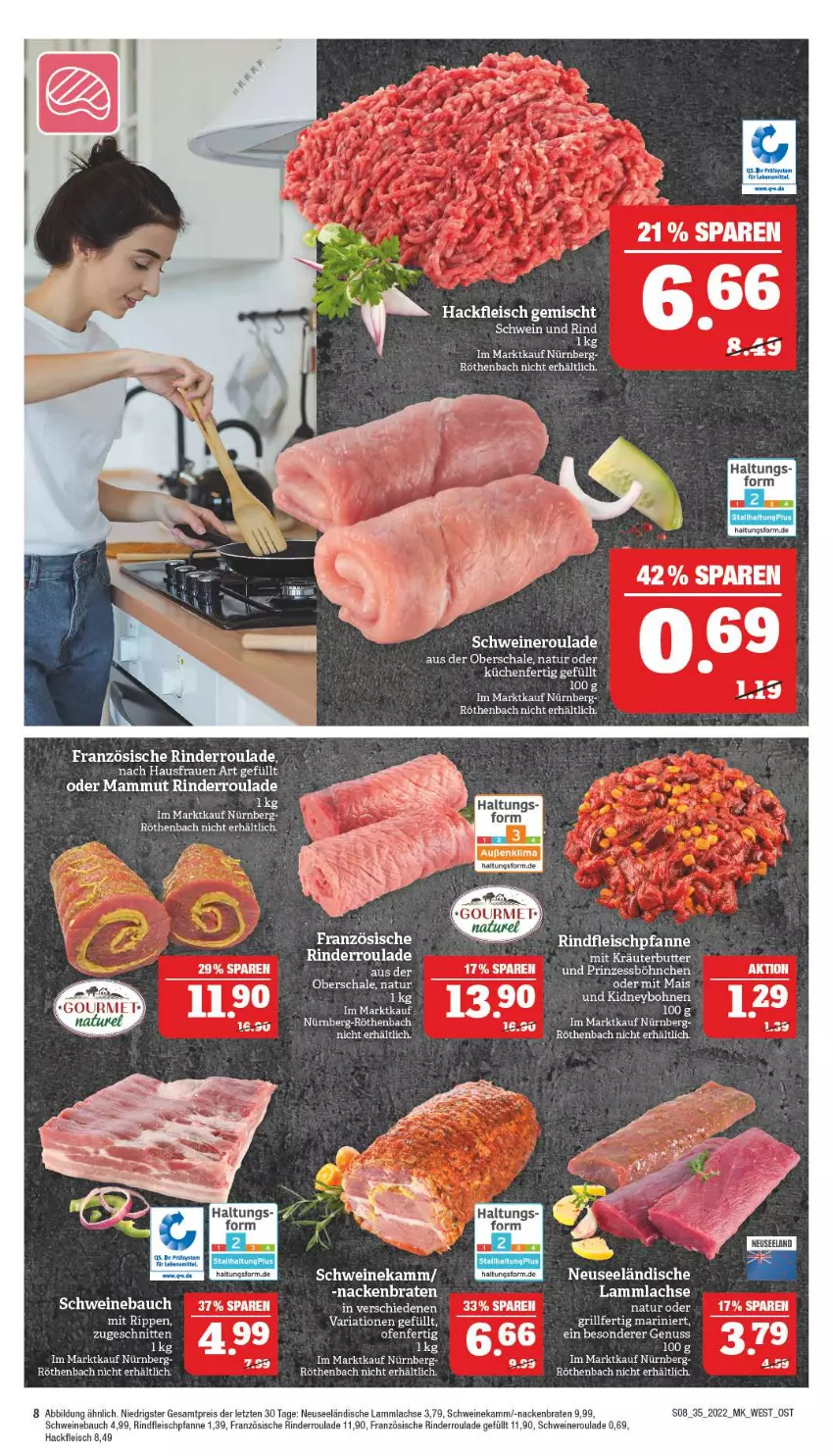 Aktueller Prospekt Marktkauf - Prospekt - von 28.08 bis 03.09.2022 - strona 12 - produkty: acer, Bau, bohne, bohnen, braten, eis, Elan, fleisch, grill, hackfleisch, hackfleisch gemischt, HP, kidney, küche, Küchen, lachs, lamm, lammlachse, mais, mam, natur, nero, nuss, pfanne, reis, Ria, rind, rinder, Rinderroulade, rindfleisch, Schal, Schale, schnitten, schwein, schwein und rind, schweine, Schweinebauch, Schweineroulade, Ti, wein, weine, ZTE