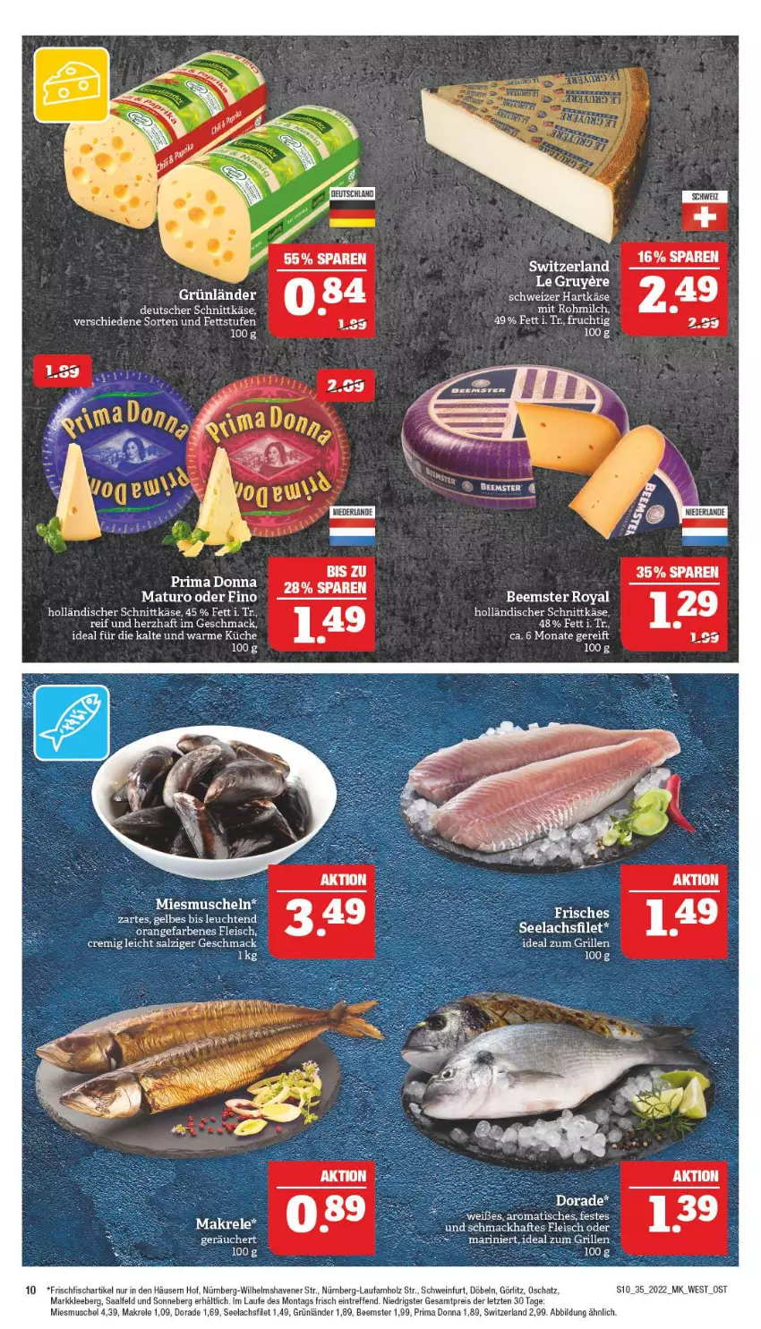 Aktueller Prospekt Marktkauf - Prospekt - von 28.08 bis 03.09.2022 - strona 14 - produkty: Beemster, deutscher schnittkäse, Dorade, eis, elle, filet, fisch, fleisch, frischfisch, frucht, grill, grünländer, hartkäse, holländischer schnittkäse, ideal zum grillen, Käse, küche, lachs, lachsfilet, mac, Makrele, milch, orange, reis, rel, salz, schnittkäse, schwein, schweizer hartkäse, seelachsfilet, Ti, wein, ZTE