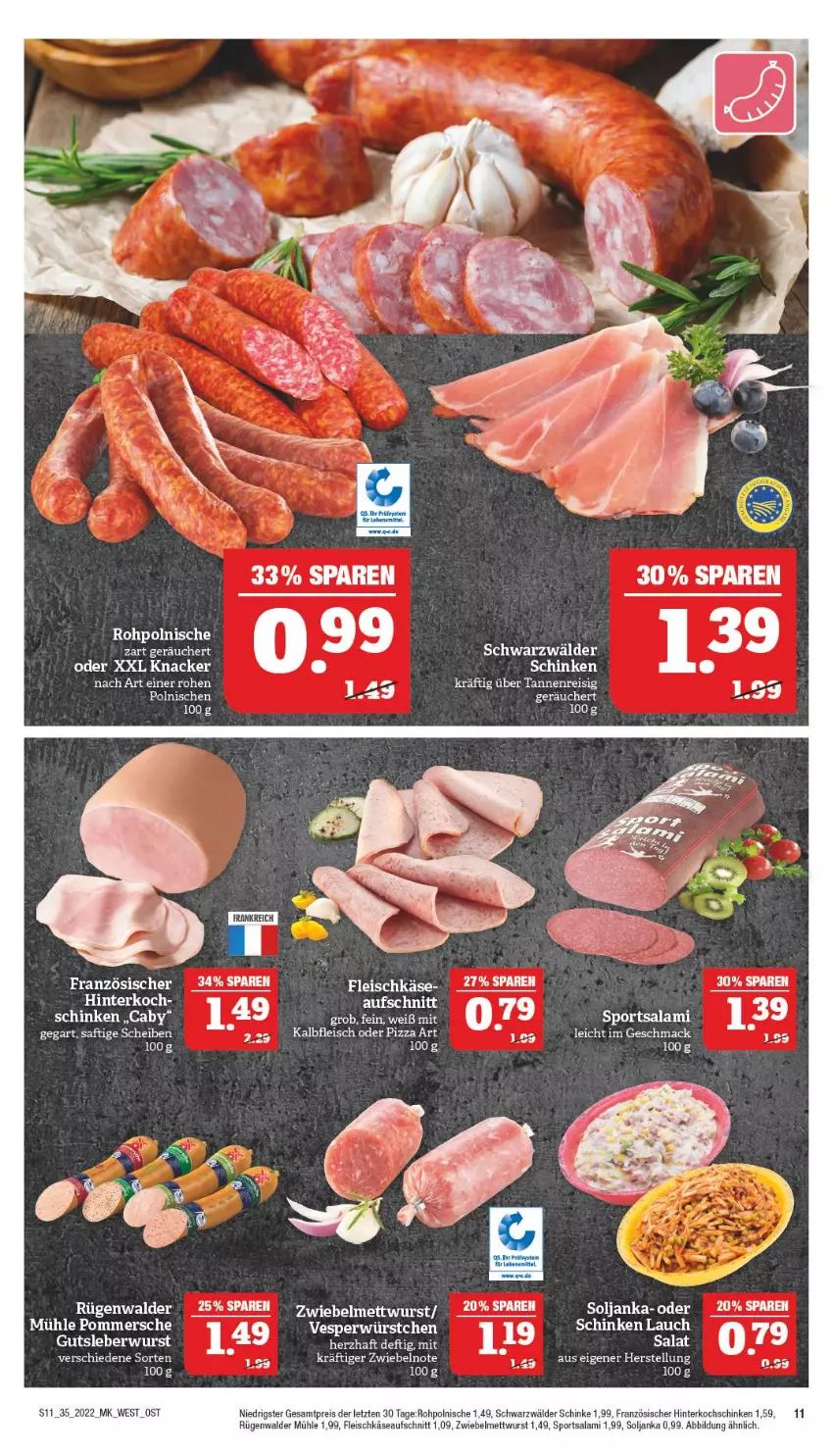 Aktueller Prospekt Marktkauf - Prospekt - von 28.08 bis 03.09.2022 - strona 15 - produkty: aufschnitt, eis, fleisch, fleischkäse, hinterkochschinken, HP, Kalbfleisch, Käse, knacker, kochschinken, mac, Mett, mettwurst, pizza, Pommersche, reis, rügenwalder, rügenwalder mühle, saft, salami, salat, schinken, Sport, tee, Ti, wurst, ZTE, zwiebel, zwiebelmettwurst, zwiebeln