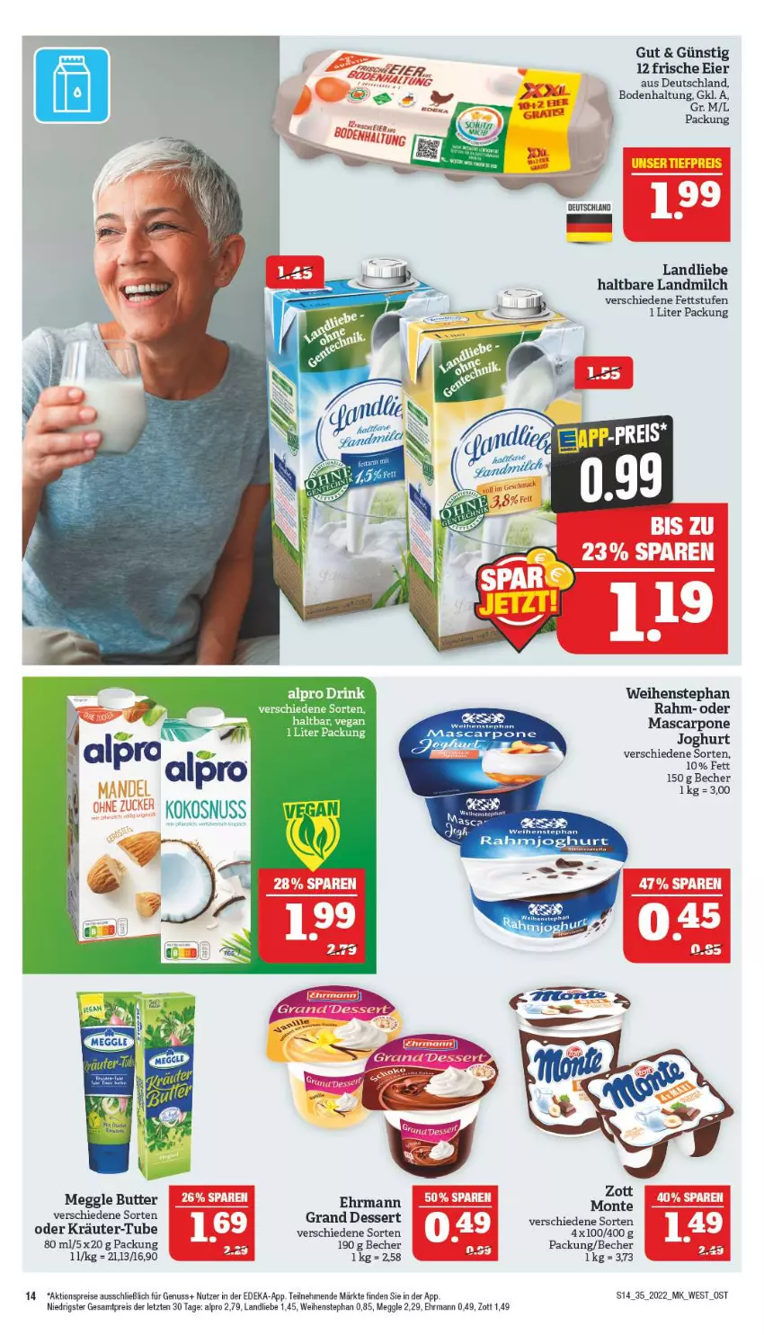 Aktueller Prospekt Marktkauf - Prospekt - von 28.08 bis 03.09.2022 - strona 18 - produkty: aktionspreis, alpro, Becher, butter, deka, dessert, drink, ehrmann, eier, eis, kokos, kokosnuss, kräuter, landliebe, landmilch, meggle, milch, monte, nuss, oder kräuter, reis, tee, Ti, weihenstephan, zott, ZTE