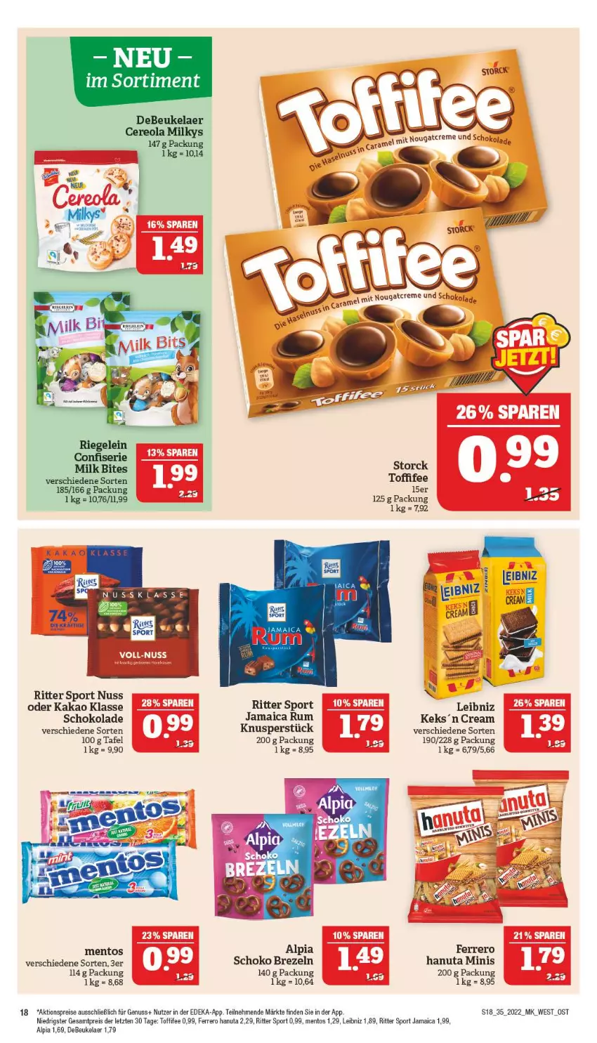 Aktueller Prospekt Marktkauf - Prospekt - von 28.08 bis 03.09.2022 - strona 22 - produkty: aktionspreis, alpia, bites, brezel, Brezeln, creme, debeukelaer, deka, eis, ferrero, hanuta, kakao, keks, leibniz, mentos, Nougatcreme, nuss, reis, riegel, ritter, ritter sport, rum, schoko, schokolade, Sport, storck, Ti, toffifee, ZTE