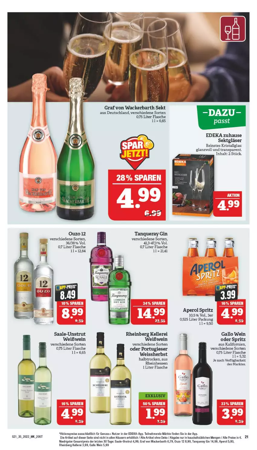 Aktueller Prospekt Marktkauf - Prospekt - von 28.08 bis 03.09.2022 - strona 25 - produkty: aktionspreis, aperol, deka, eis, elle, flasche, gallo, gin, Gläser, LG, nuss, ouzo, ouzo 12, reis, sekt, Tanqueray, Ti, wein, Weißwein, ZTE