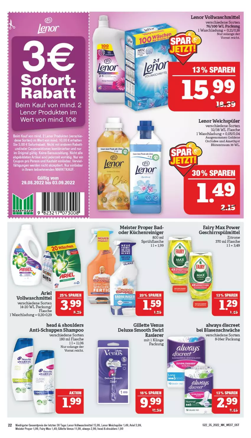 Aktueller Prospekt Marktkauf - Prospekt - von 28.08 bis 03.09.2022 - strona 26 - produkty: Alwa, Always, ariel, Bad, Blüte, Discreet, eis, fairy, flasche, geschirr, geschirrspülmittel, gillette, gillette venus, küche, Küchen, lenor, lenor weichspüler, Meister, meister proper, orchidee, rasierer, reiniger, reis, shampoo, sprühflasche, spülmittel, swirl, tee, Ti, venus, vollwaschmittel, waschmittel, weichspüler, zitrone, ZTE