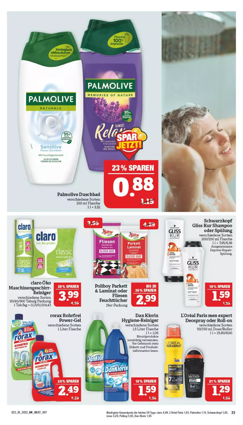 Aktueller Prospekt Marktkauf - Prospekt - von 28.08 bis 03.09.2022 - strona 27 - produkty: Bad, bio, biozidprodukte, creme, deo, deospray, duschbad, duschcreme, eis, elle, feuchttücher, flasche, geschirr, gliss, gliss kur, hygiene-reiniger, laminat, milch, natur, olive, palmolive, power-gel, Rauch, reiniger, reis, roll-on, Roller, rorax, rwe, schwarzkop, schwarzkopf, shampoo, spülung, Ti, tücher, ZTE